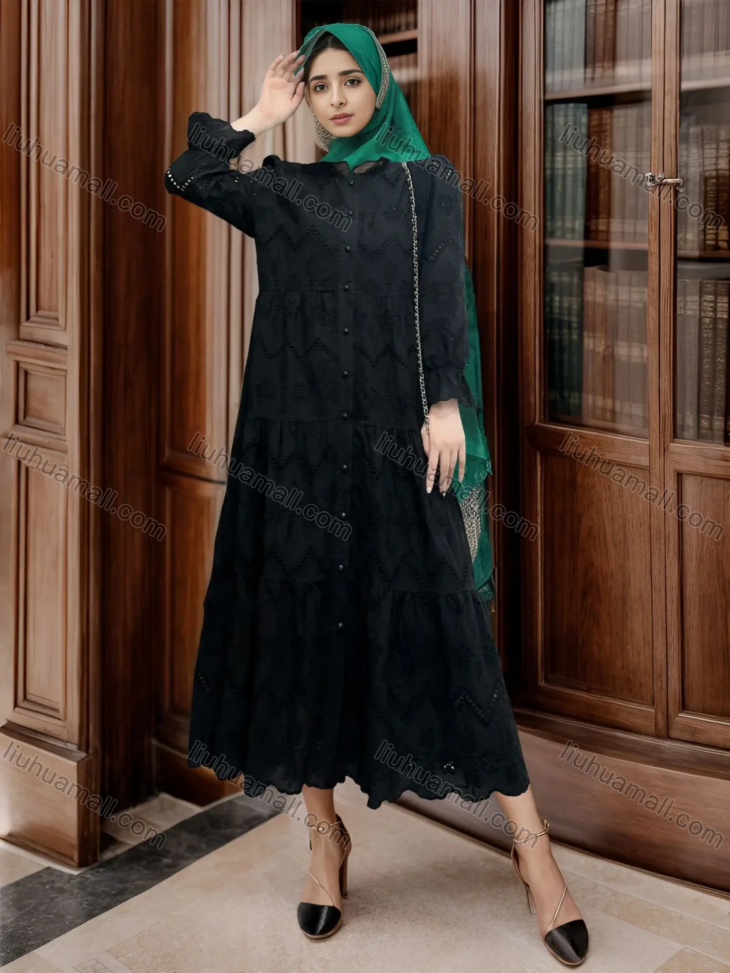 Wholesale Women's Elegant Guipure Lace High Waist Ruffle Trim Islamic Muslim Midi Dress - Liuhuamall