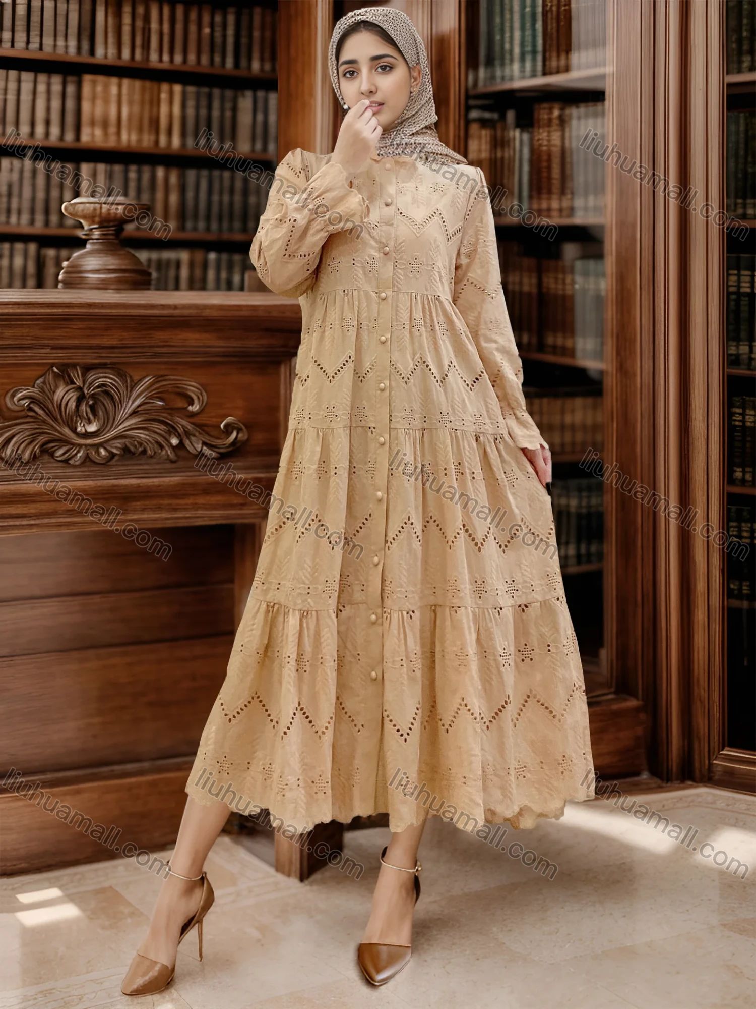 Wholesale Women's Elegant Guipure Lace High Waist Ruffle Trim Islamic Muslim Midi Dress - Liuhuamall