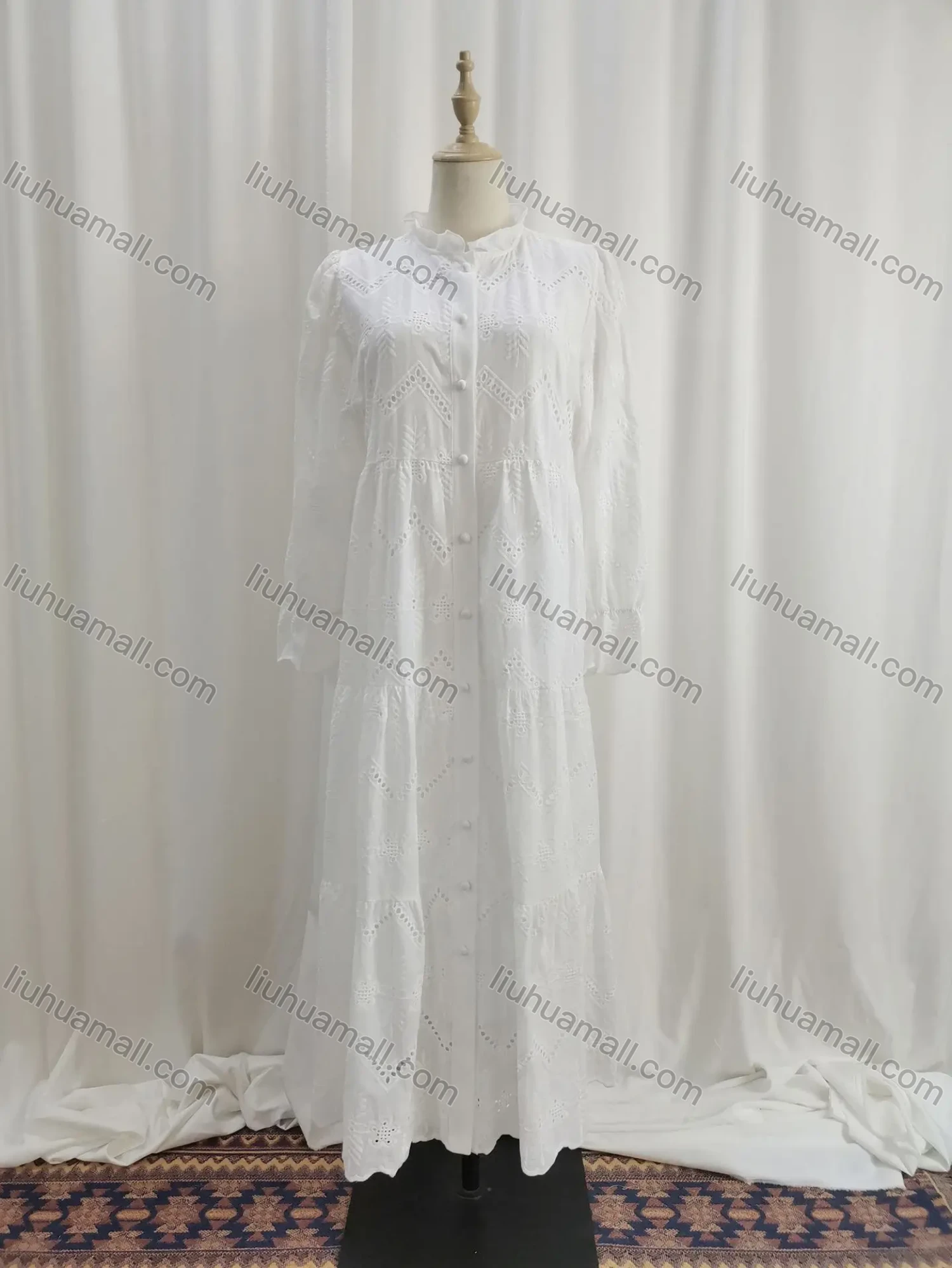 Wholesale Women's Elegant Guipure Lace High Waist Ruffle Trim Islamic Muslim Midi Dress - Liuhuamall