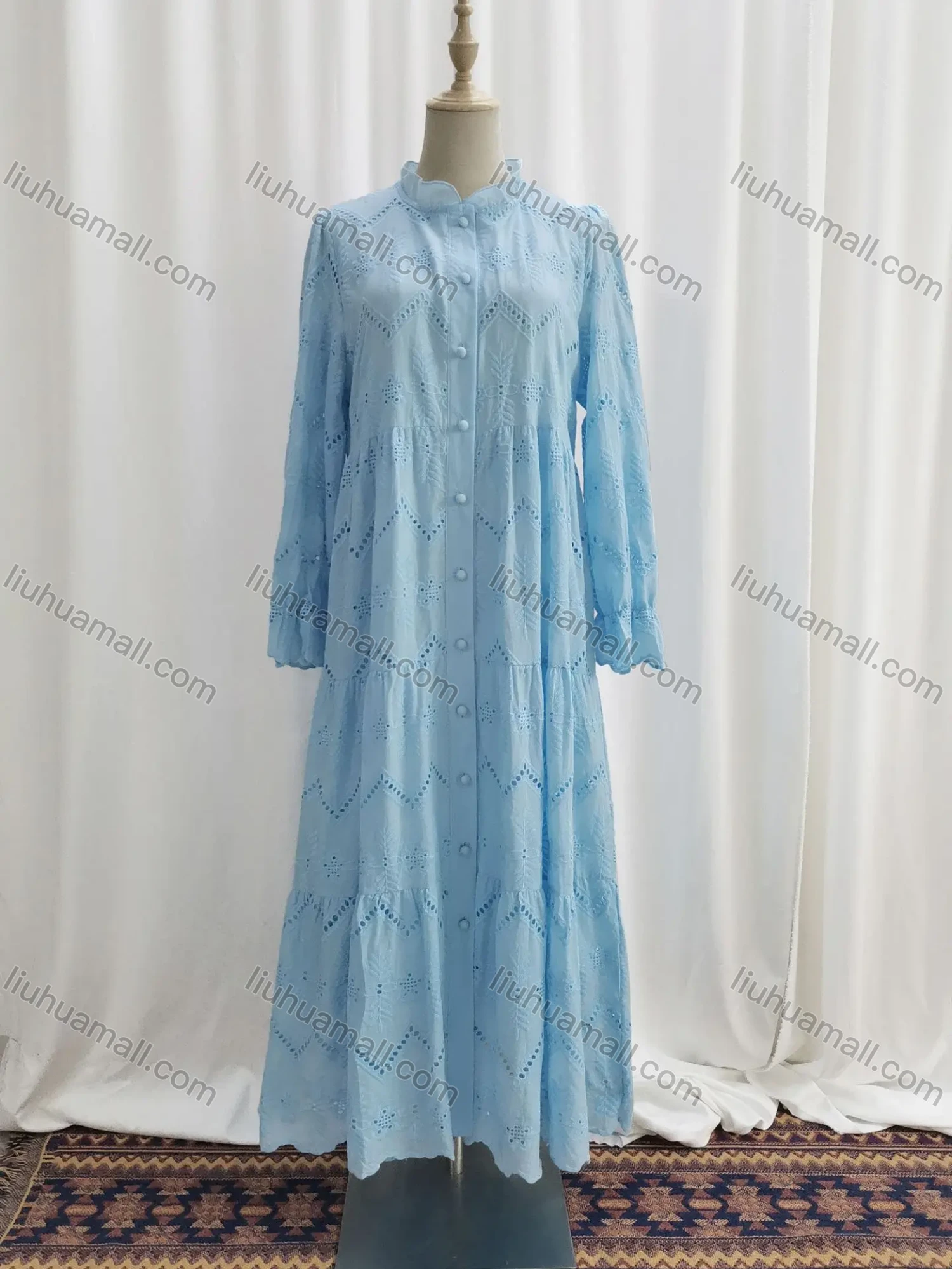 Wholesale Women's Elegant Guipure Lace High Waist Ruffle Trim Islamic Muslim Midi Dress - Liuhuamall