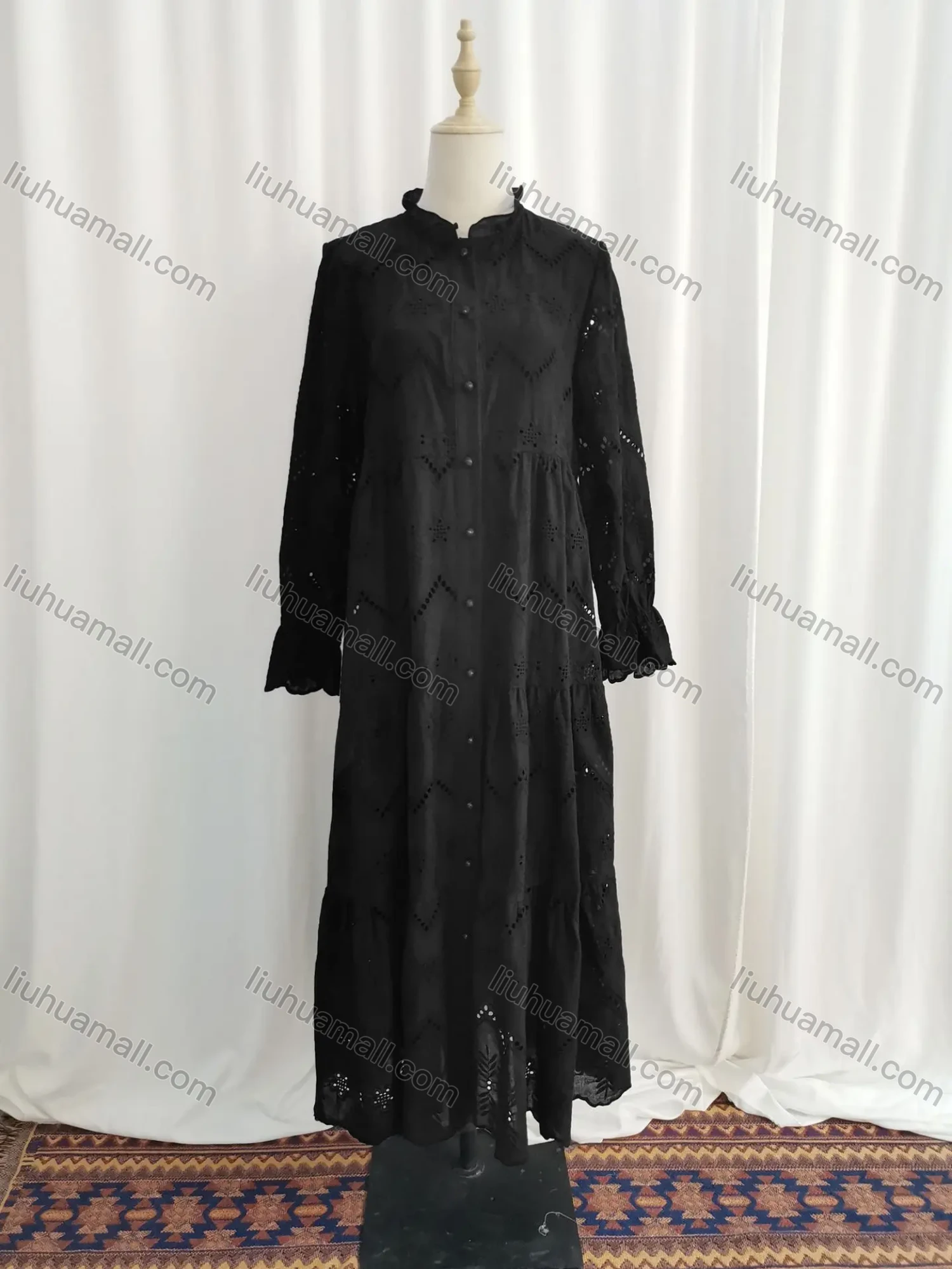 Wholesale Women's Elegant Guipure Lace High Waist Ruffle Trim Islamic Muslim Midi Dress - Liuhuamall