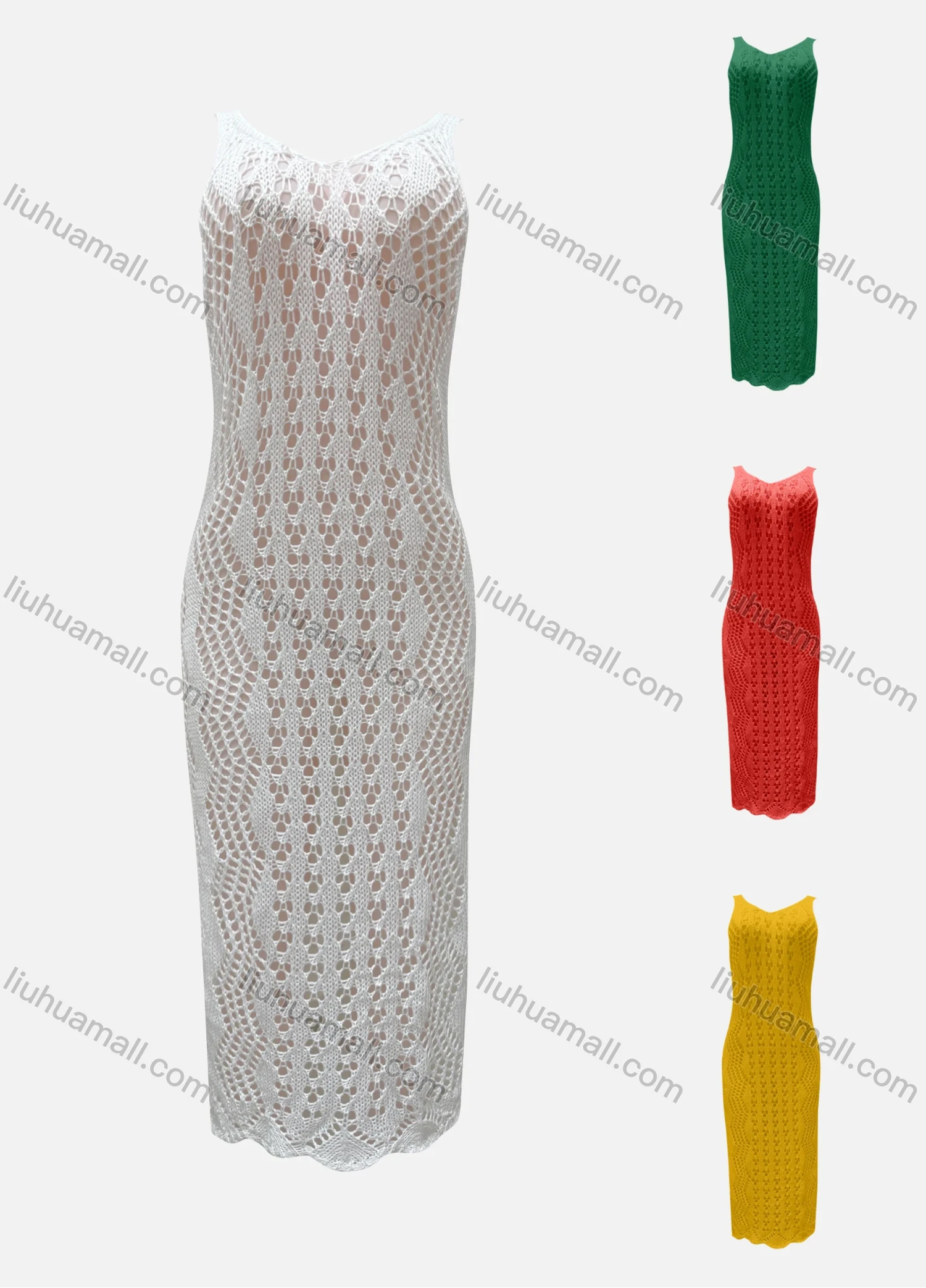 Wholesale Women's Knitted Sleeveless V Neck Plain Hollow Out Maxi Cover Up Dress 2434# - Liuhuamall