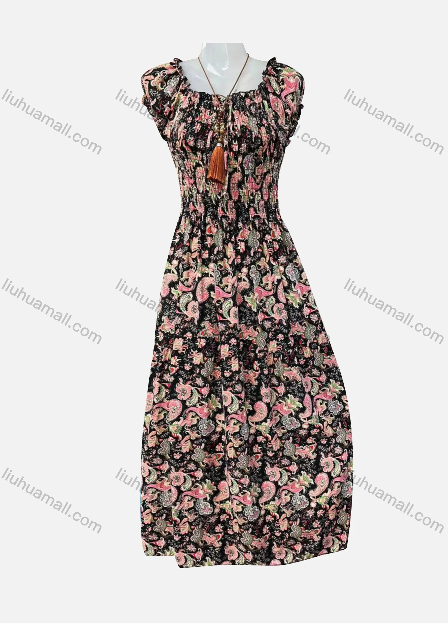 Wholesale Women's Allover Paisley Print Ruffle Trim Off Shoulder Puff Sleeve Shirred Maxi Dress Without Necklace 1653# - Liuhuamall