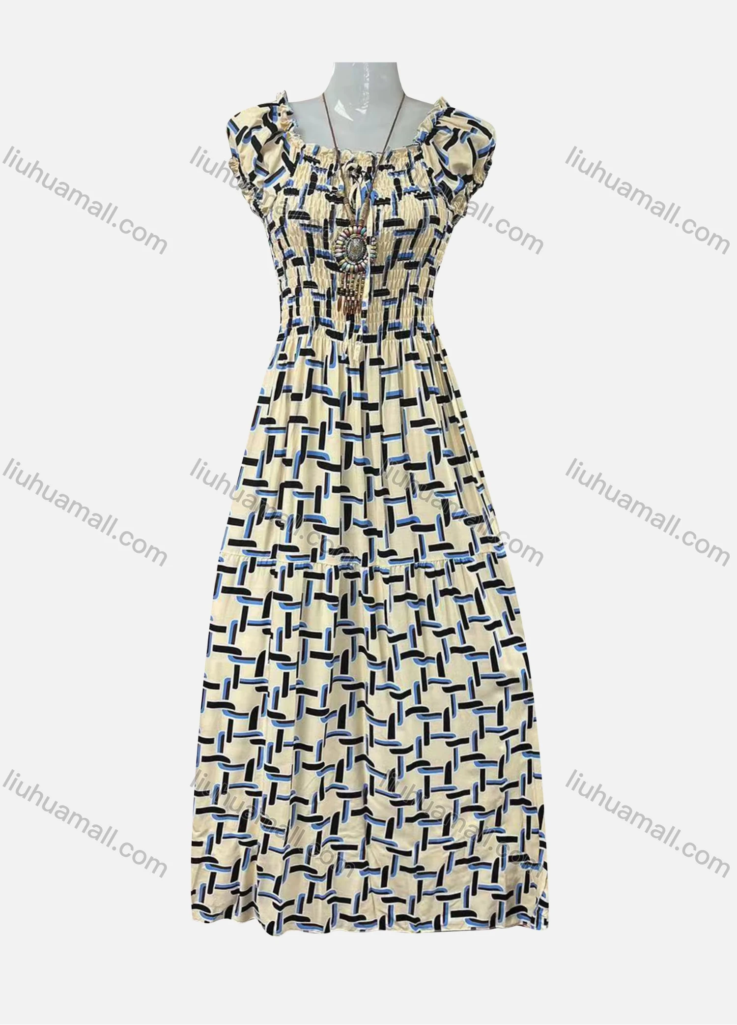 Wholesale Women's Allover Chain Print Ruffle Trim Off Shoulder Puff Sleeve Shirred Maxi Dress Without Necklace 1706# - Liuhuamall
