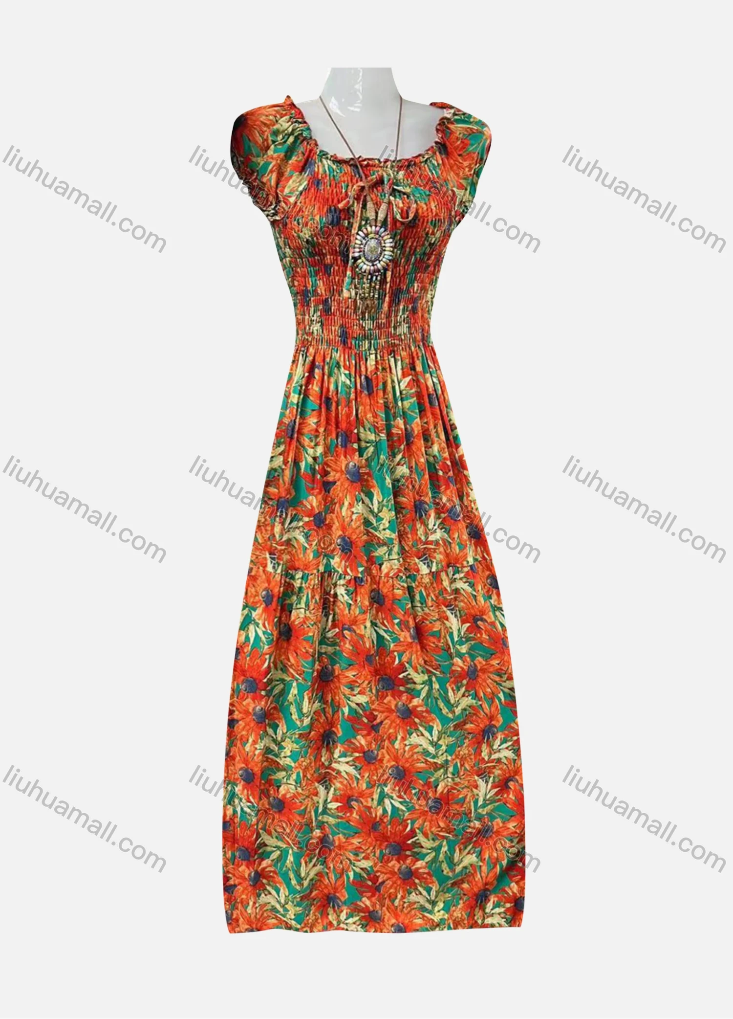 Wholesale Women's Floral Print Ruffle Trim Off Shoulder Puff Sleeve Shirred Maxi Dress Without Necklace 1721# - Liuhuamall