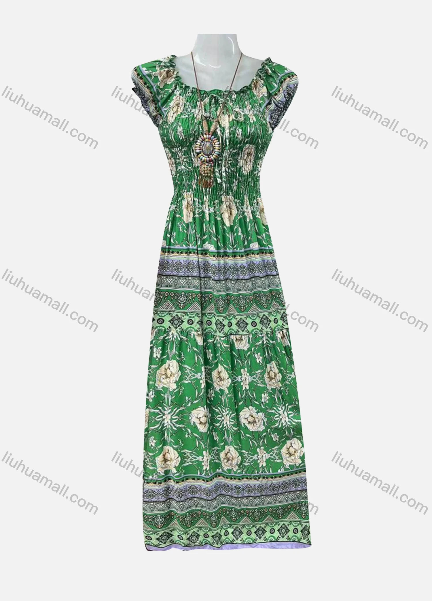 Wholesale Women's Floral Splicing Print Ruffle Trim Off Shoulder Puff Sleeve Shirred Maxi Dress Without Necklace 1722# - Liuhuamall
