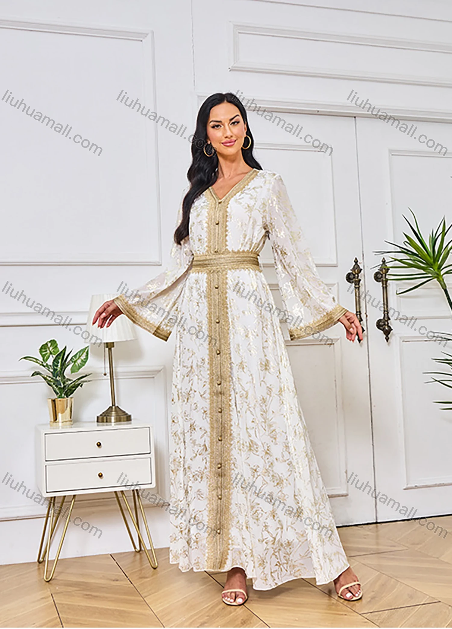 Wholesale Women's Elegant Islamic Muslim V Neck Allover Floral Print Splicing Button Decor Tie Back Long Sleeve Abaya Dress - Liuhuamall