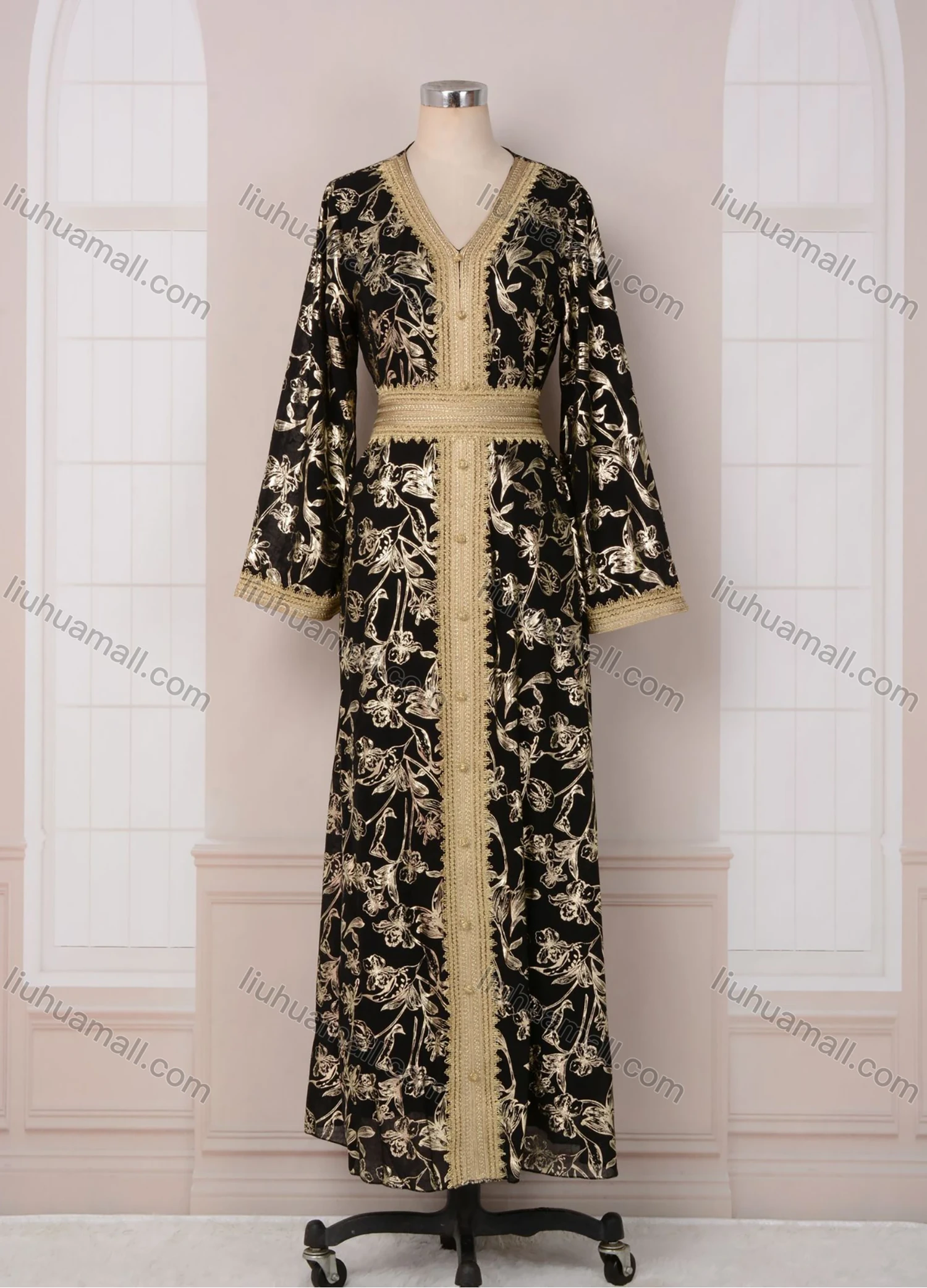 Wholesale Women's Elegant Islamic Muslim V Neck Allover Floral Print Splicing Button Decor Tie Back Long Sleeve Abaya Dress - Liuhuamall