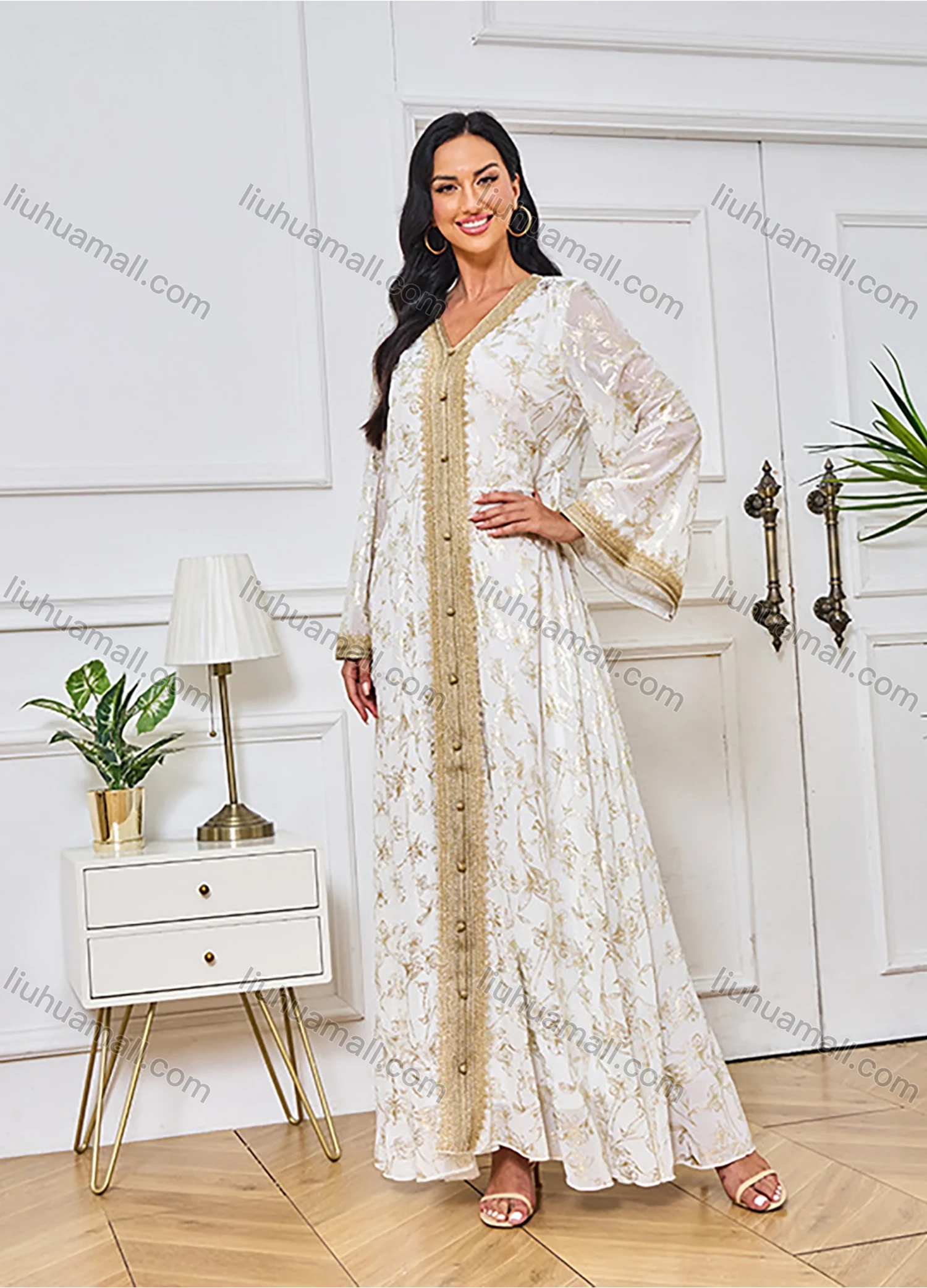 Wholesale Women's Elegant Islamic Muslim V Neck Allover Floral Print Splicing Button Decor Tie Back Long Sleeve Abaya Dress - Liuhuamall