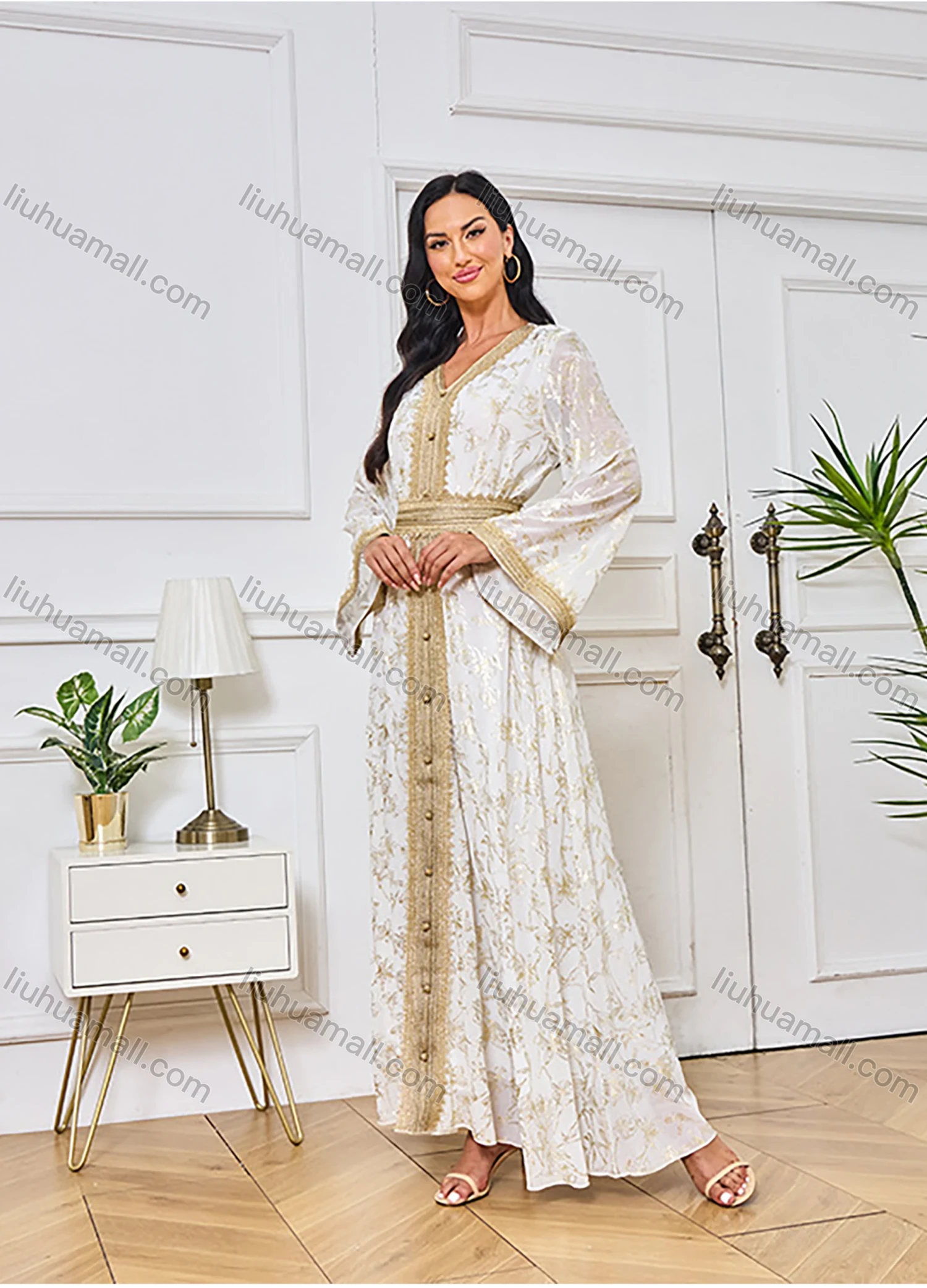 Wholesale Women's Elegant Islamic Muslim V Neck Allover Floral Print Splicing Button Decor Tie Back Long Sleeve Abaya Dress - Liuhuamall