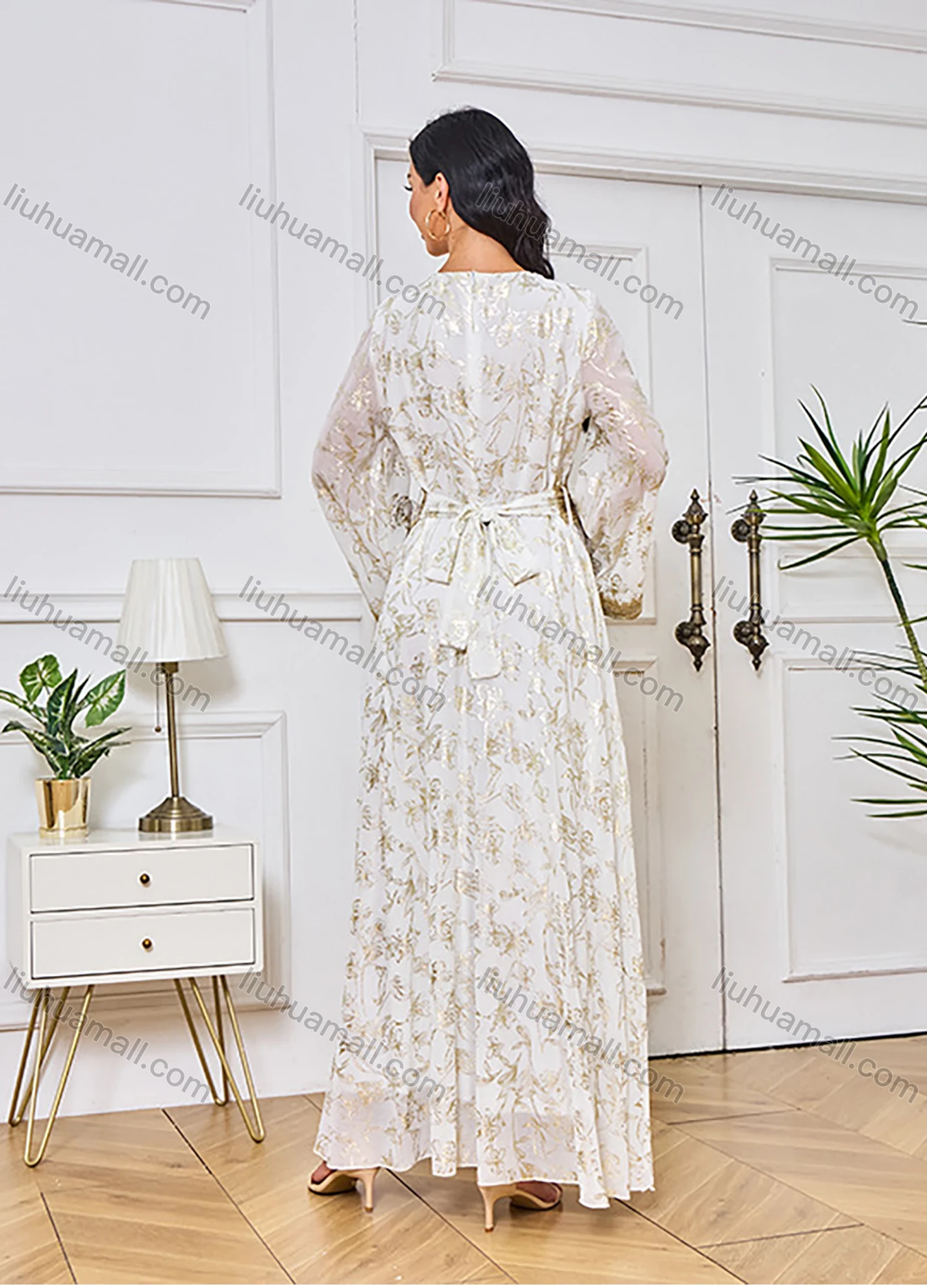 Wholesale Women's Elegant Islamic Muslim V Neck Allover Floral Print Splicing Button Decor Tie Back Long Sleeve Abaya Dress - Liuhuamall