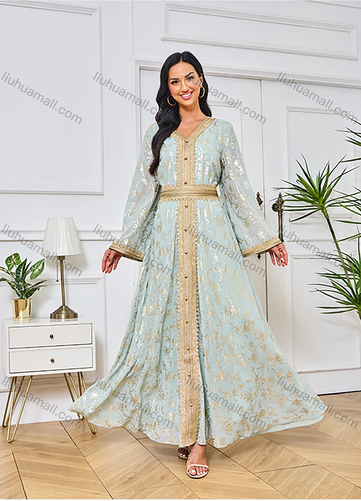 Wholesale Women's Elegant Islamic Muslim V Neck Allover Floral Print Splicing Button Decor Tie Back Long Sleeve Abaya Dress - Liuhuamall