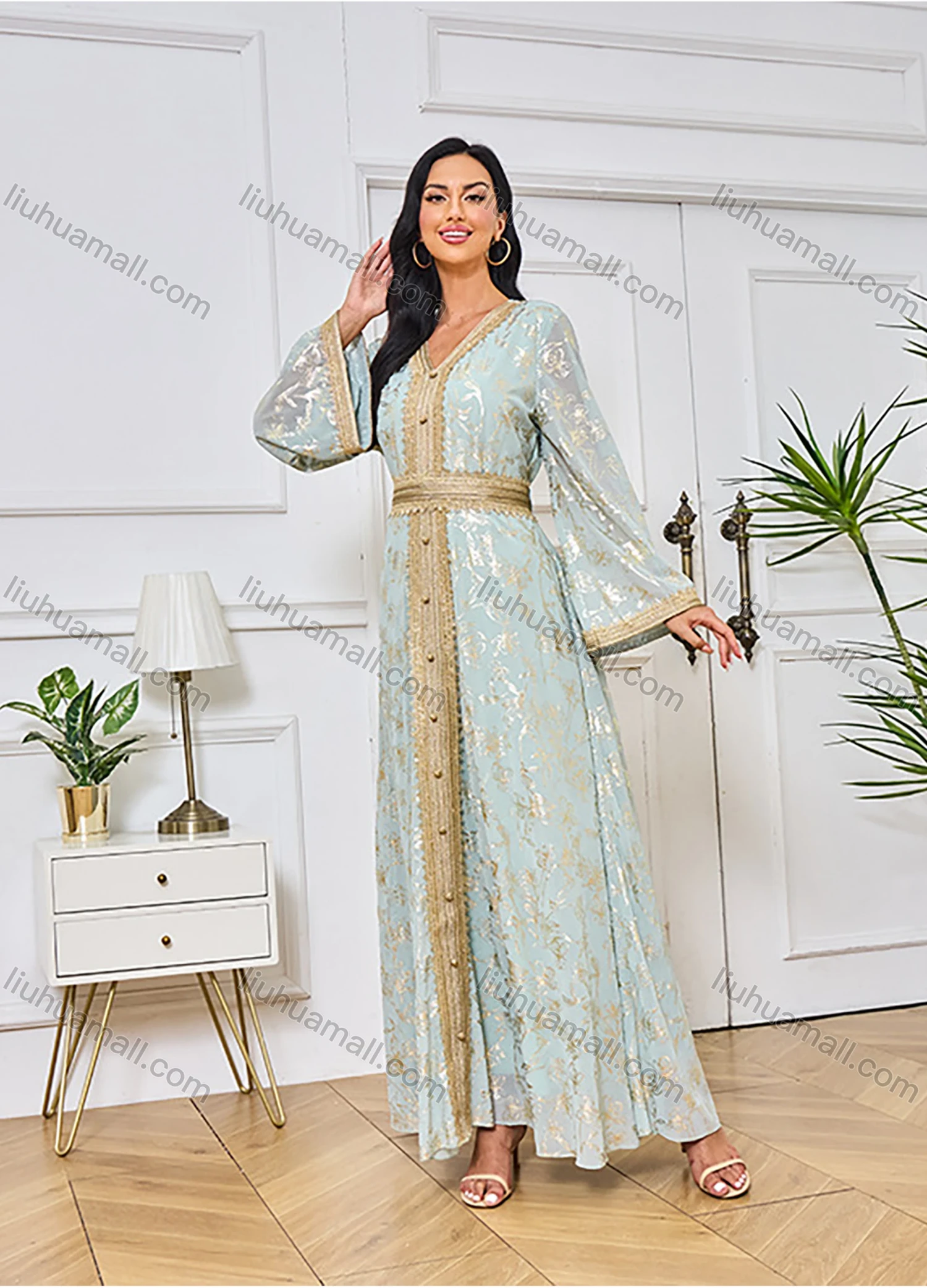 Wholesale Women's Elegant Islamic Muslim V Neck Allover Floral Print Splicing Button Decor Tie Back Long Sleeve Abaya Dress - Liuhuamall