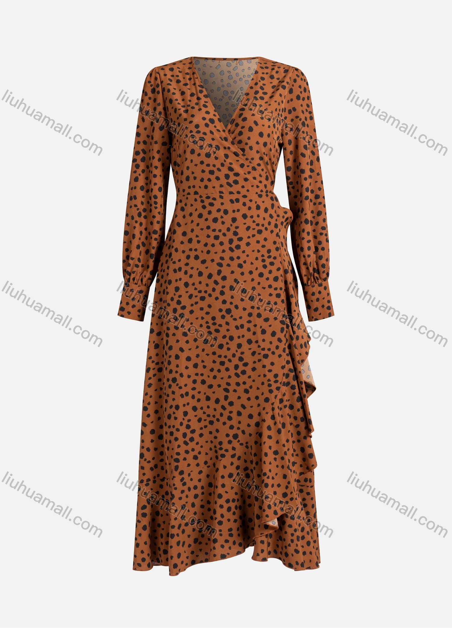 Wholesale Women's Casual Dalmatian Print Wrap V Neck Ruffle Trim Lace Up Long Sleeve Midi Dress 3301X# - Liuhuamall