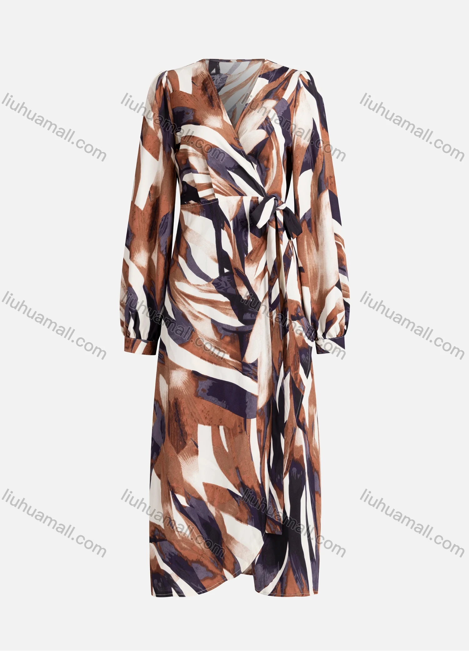 Wholesale Women's Casual Abstract Print Wrap V Neck Ruched Lace Up Long Sleeve Midi Dress A8428H# - Liuhuamall