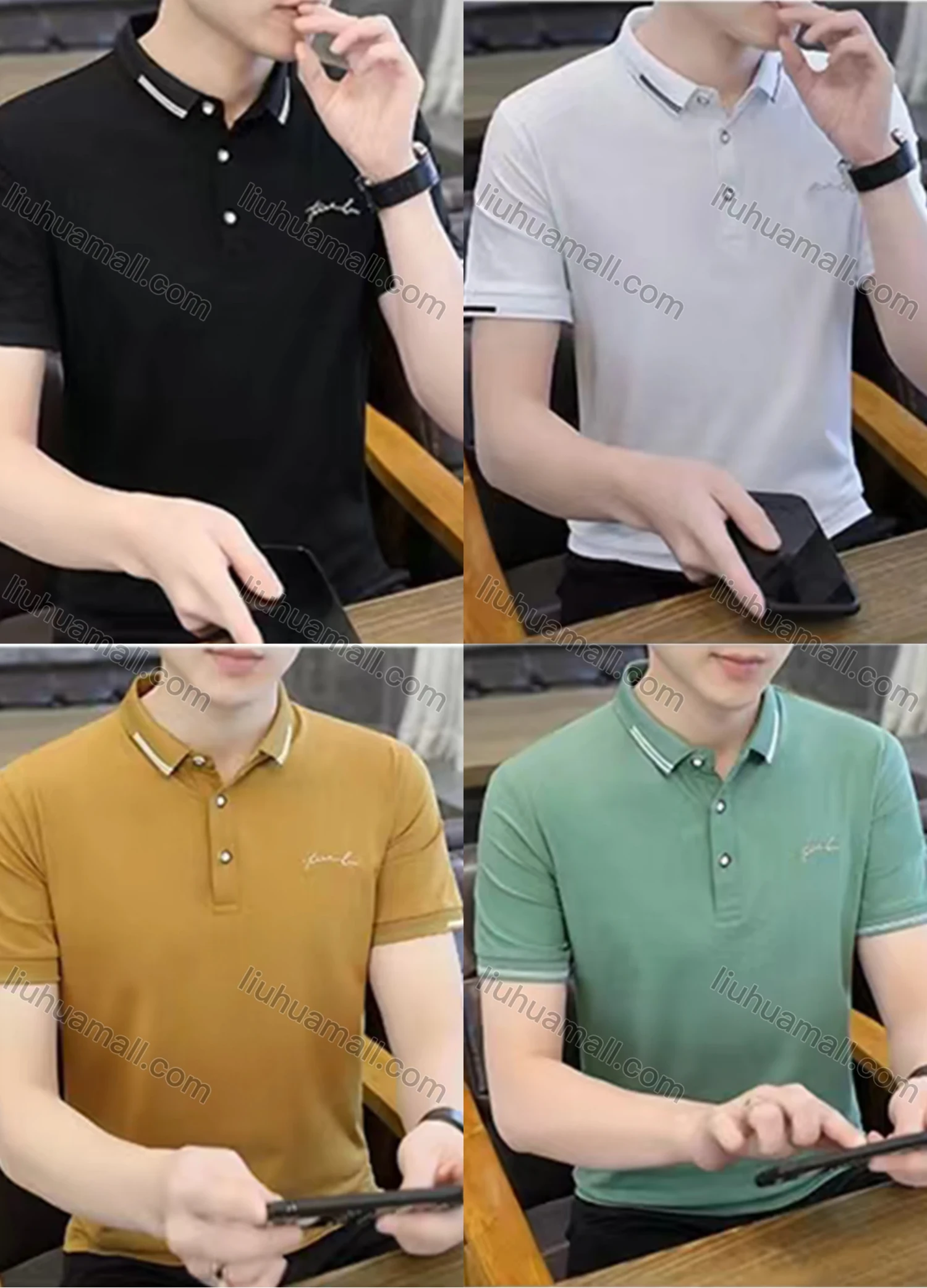 Wholesale Men's Casual Plain Striped Trim Short Sleeve Slim Fit Polo Shirts 753# - Liuhuamall