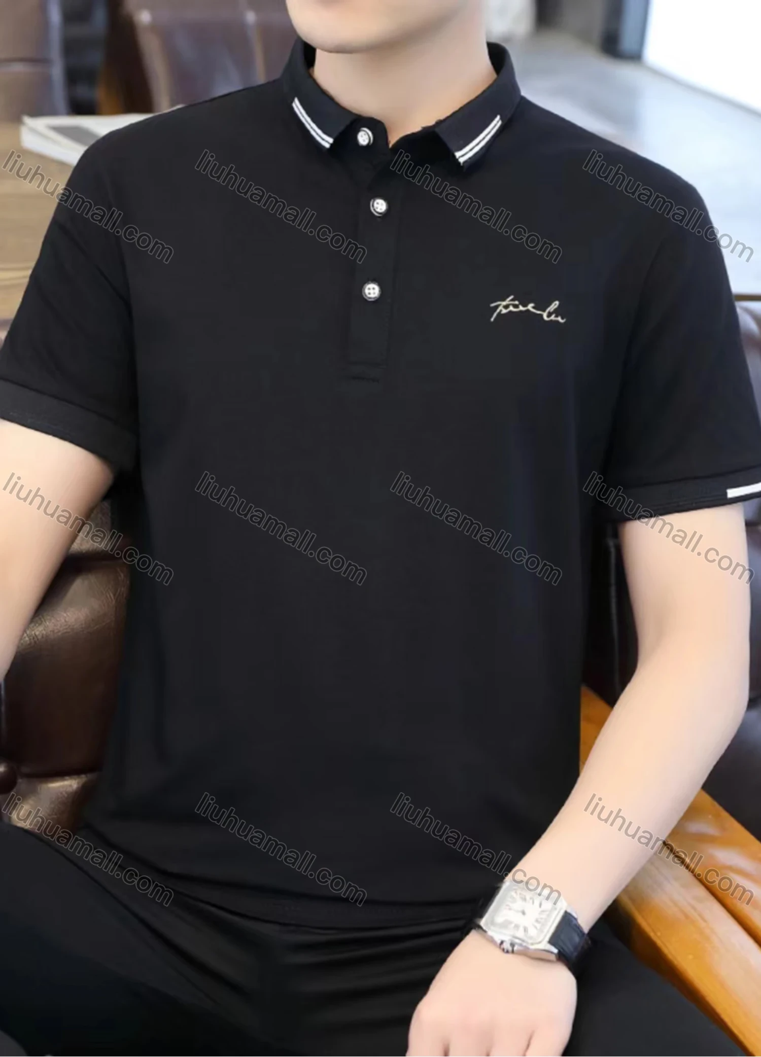 Wholesale Men's Casual Plain Striped Trim Short Sleeve Slim Fit Polo Shirts 753# - Liuhuamall