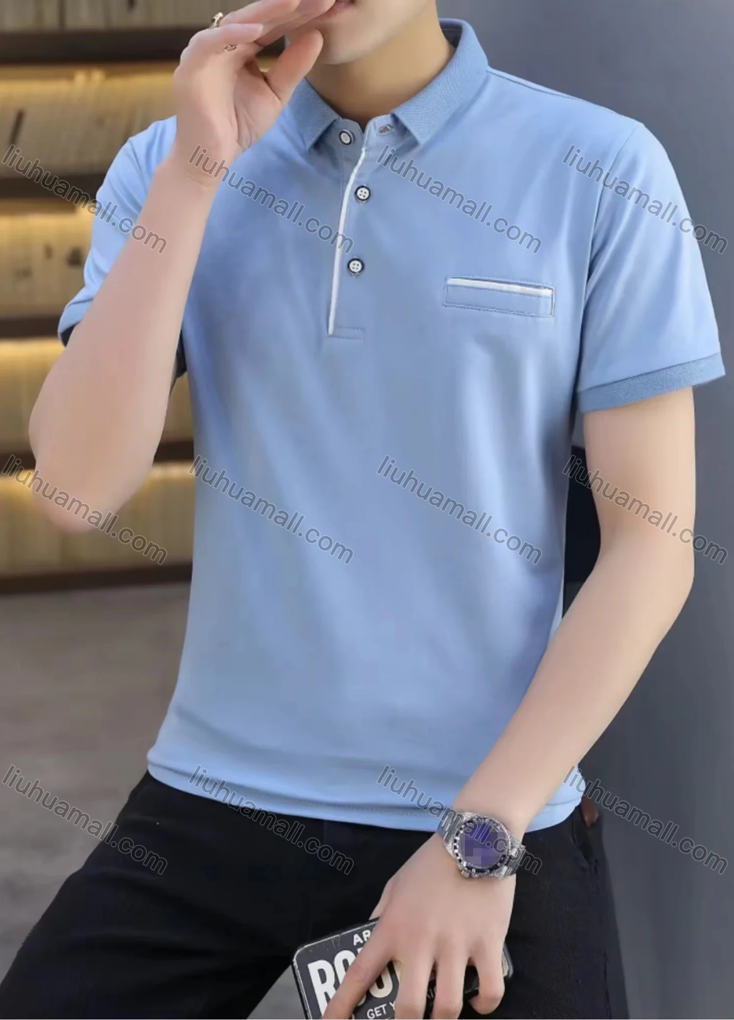 Wholesale Men's Casual Plain Patch Pocket Short Sleeve Slim Fit Polo Shirts 8818# - Liuhuamall