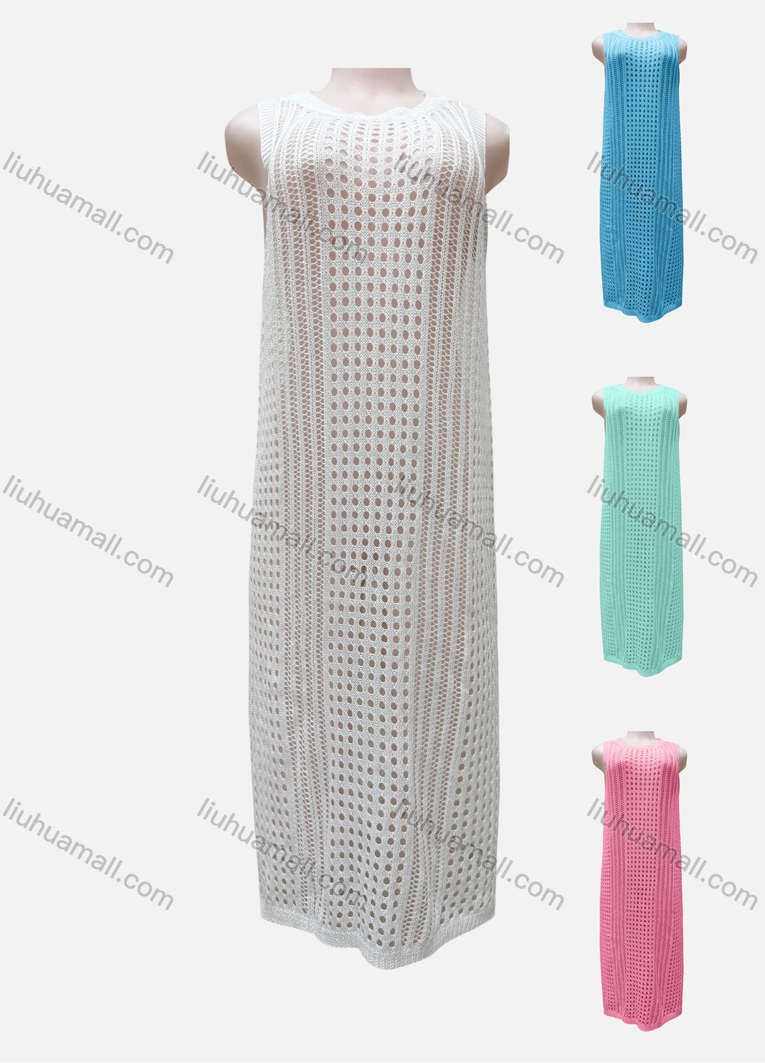 Wholesale Women's Vacation Round Neck Sleeveless Plain Semi-Sheer Knit Cover Up Dress - Liuhuamall