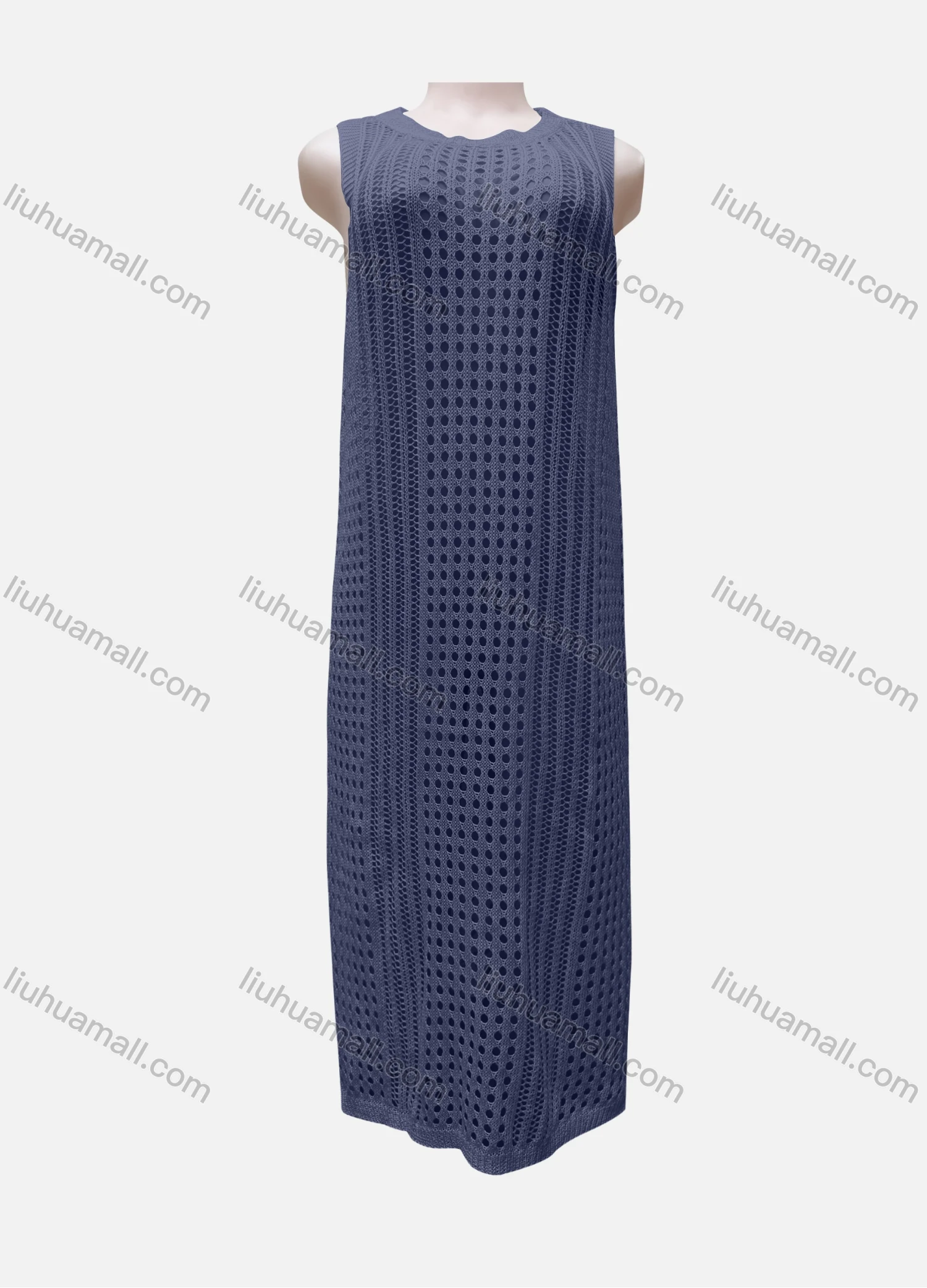 Wholesale Women's Vacation Round Neck Sleeveless Plain Semi-Sheer Knit Cover Up Dress - Liuhuamall