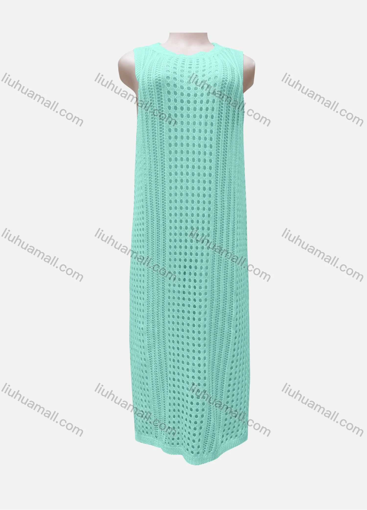Wholesale Women's Vacation Round Neck Sleeveless Plain Semi-Sheer Knit Cover Up Dress - Liuhuamall