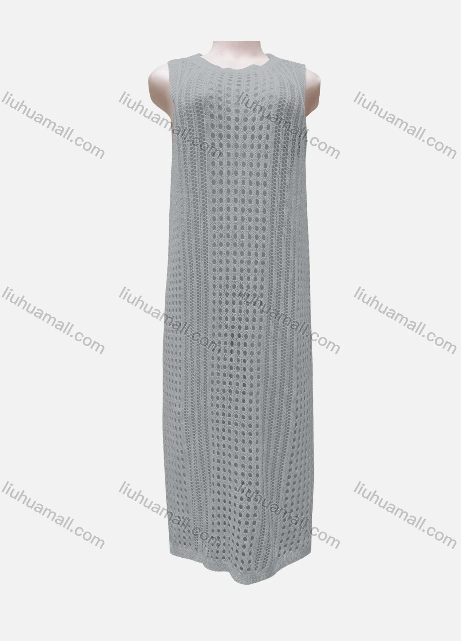 Wholesale Women's Vacation Round Neck Sleeveless Plain Semi-Sheer Knit Cover Up Dress - Liuhuamall
