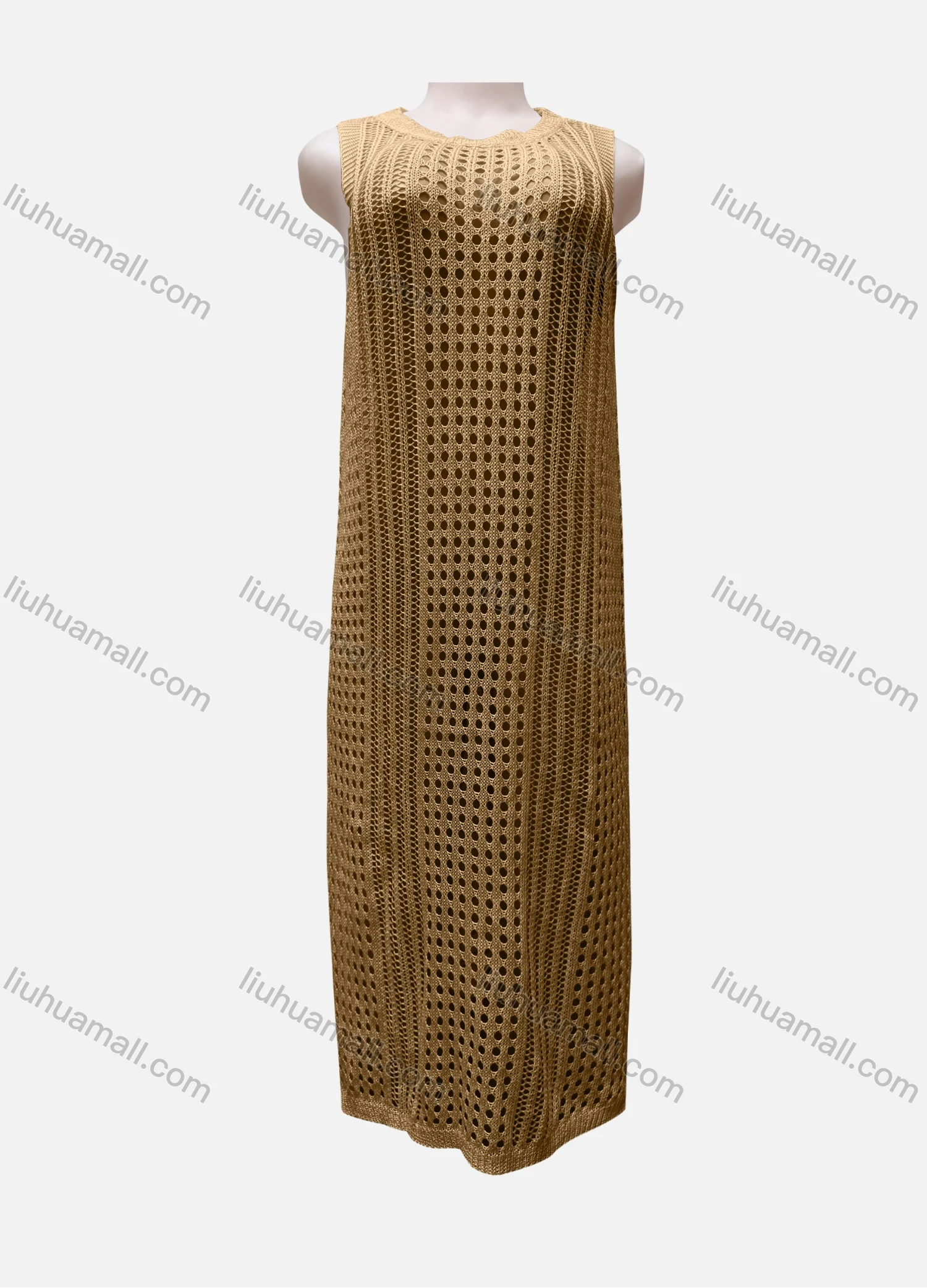 Wholesale Women's Vacation Round Neck Sleeveless Plain Semi-Sheer Knit Cover Up Dress - Liuhuamall