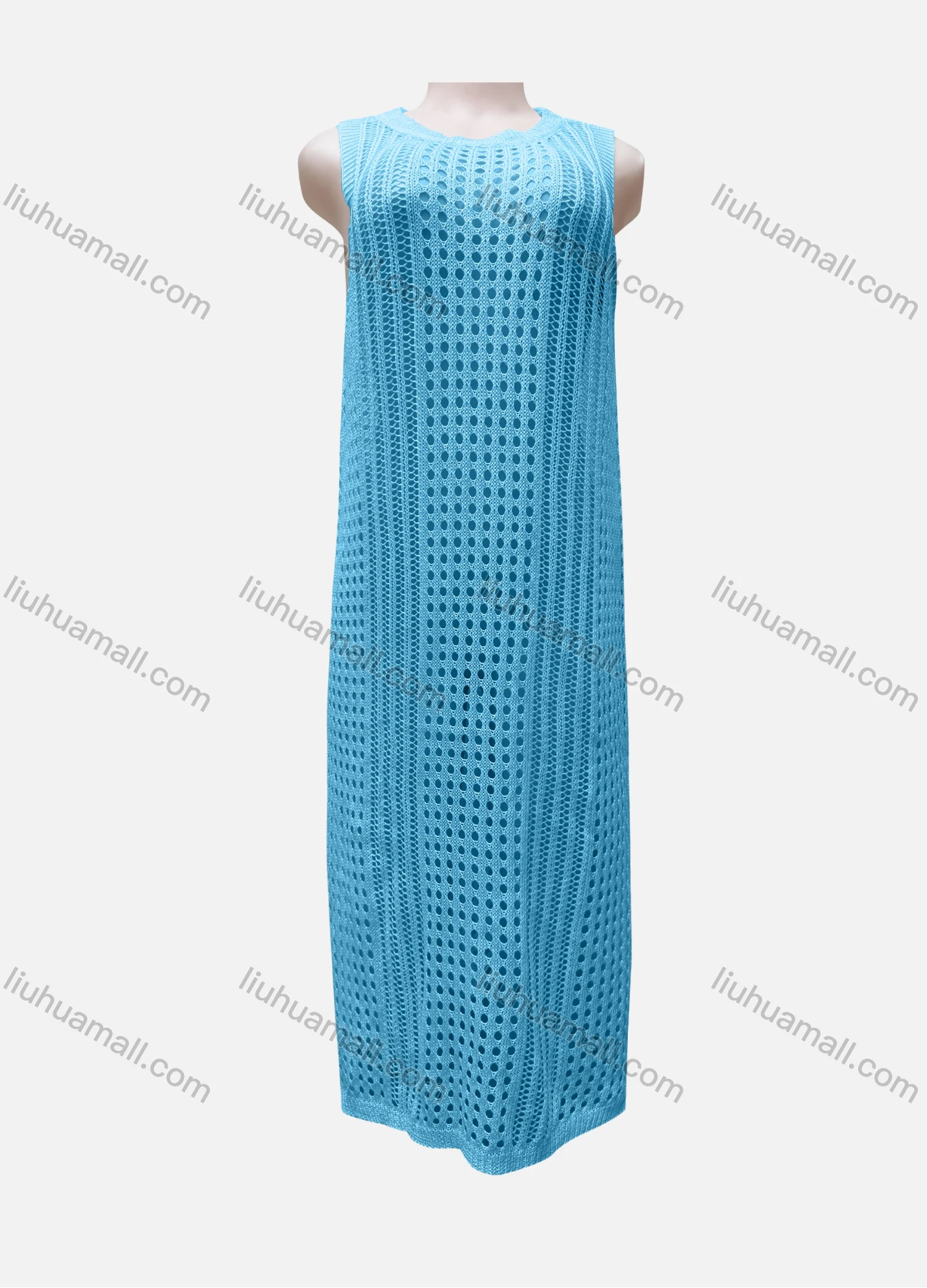Wholesale Women's Vacation Round Neck Sleeveless Plain Semi-Sheer Knit Cover Up Dress - Liuhuamall