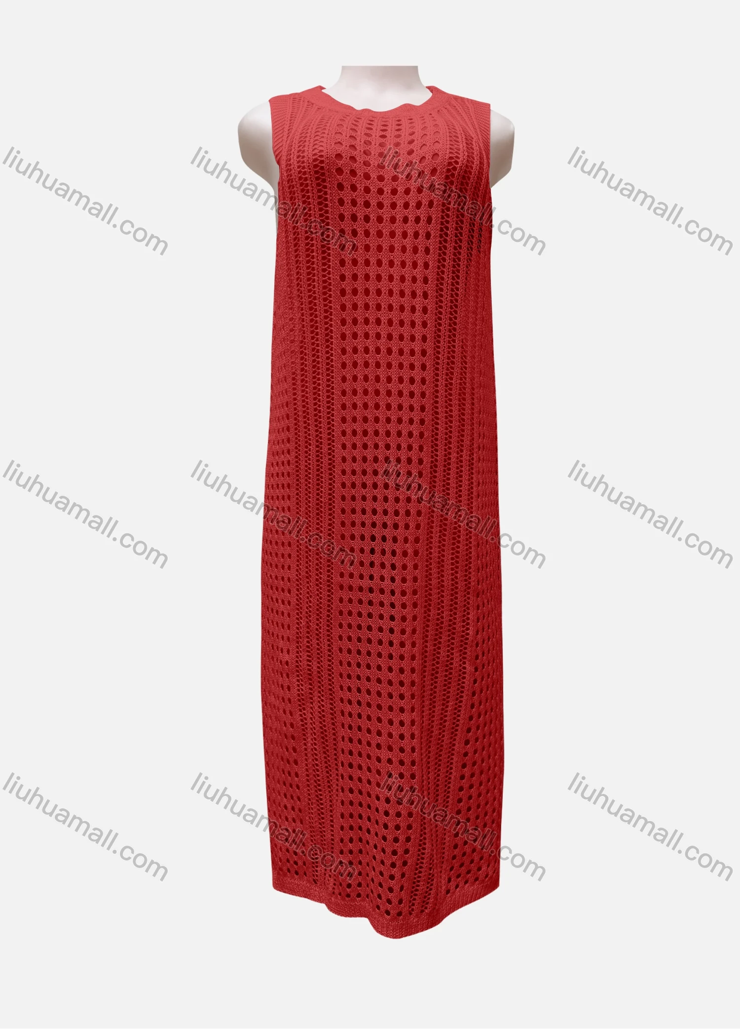 Wholesale Women's Vacation Round Neck Sleeveless Plain Semi-Sheer Knit Cover Up Dress - Liuhuamall
