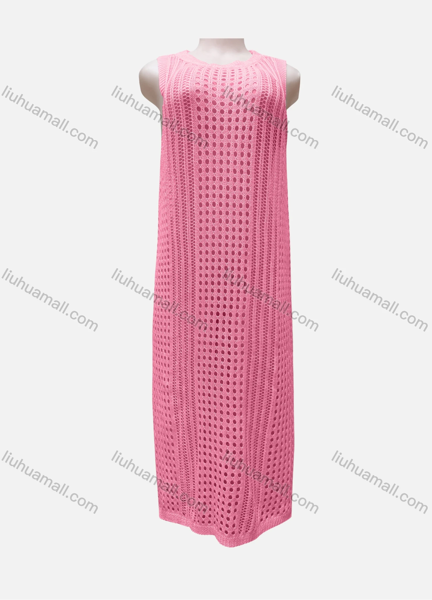 Wholesale Women's Vacation Round Neck Sleeveless Plain Semi-Sheer Knit Cover Up Dress - Liuhuamall