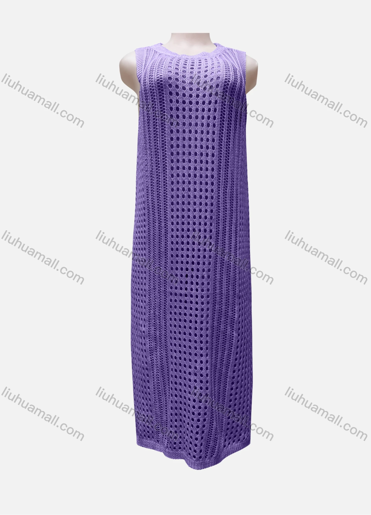 Wholesale Women's Vacation Round Neck Sleeveless Plain Semi-Sheer Knit Cover Up Dress - Liuhuamall