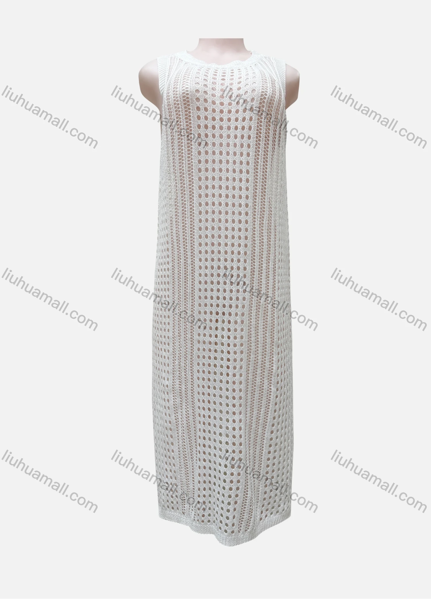 Wholesale Women's Vacation Round Neck Sleeveless Plain Semi-Sheer Knit Cover Up Dress - Liuhuamall