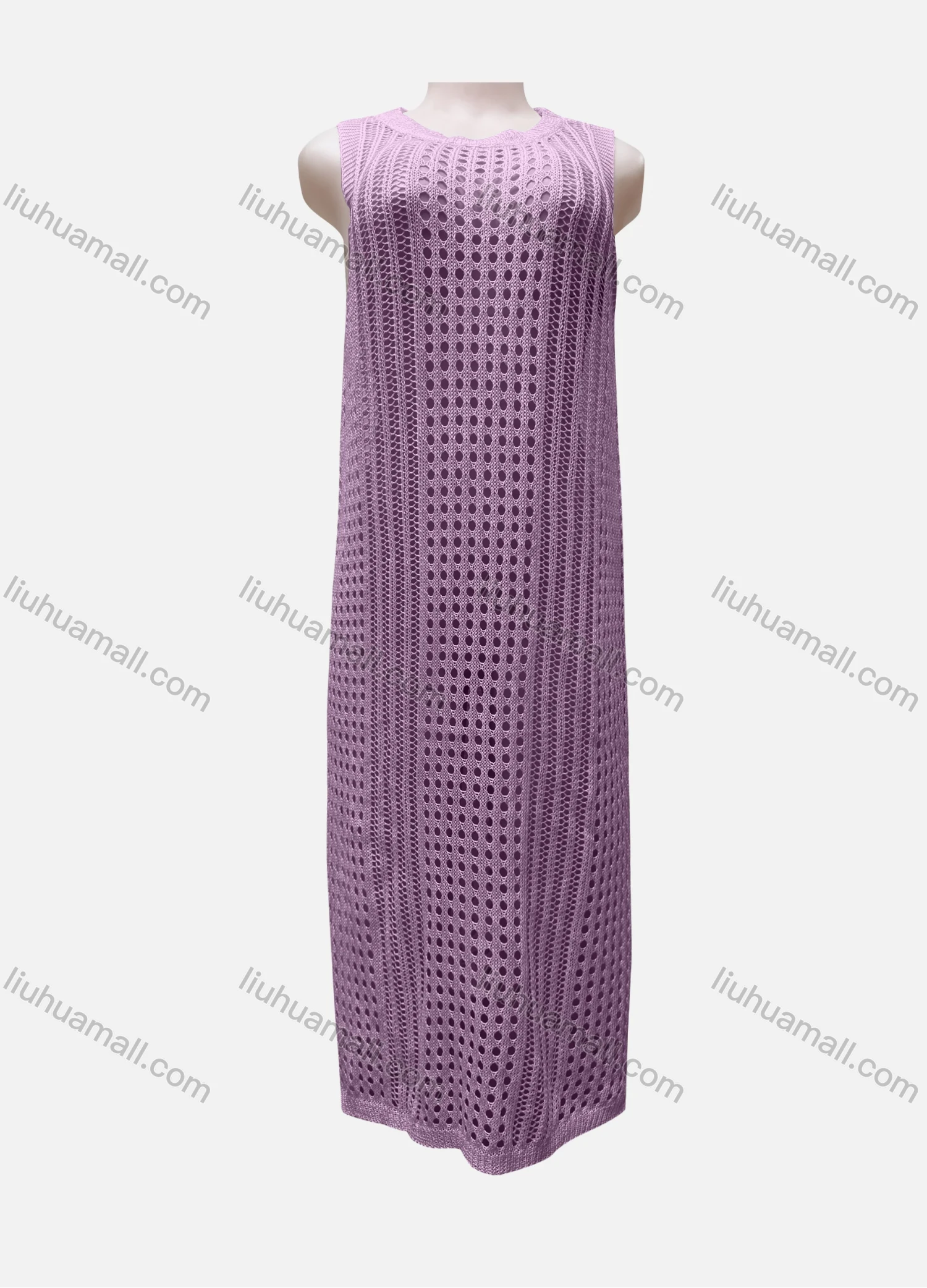 Wholesale Women's Vacation Round Neck Sleeveless Plain Semi-Sheer Knit Cover Up Dress - Liuhuamall