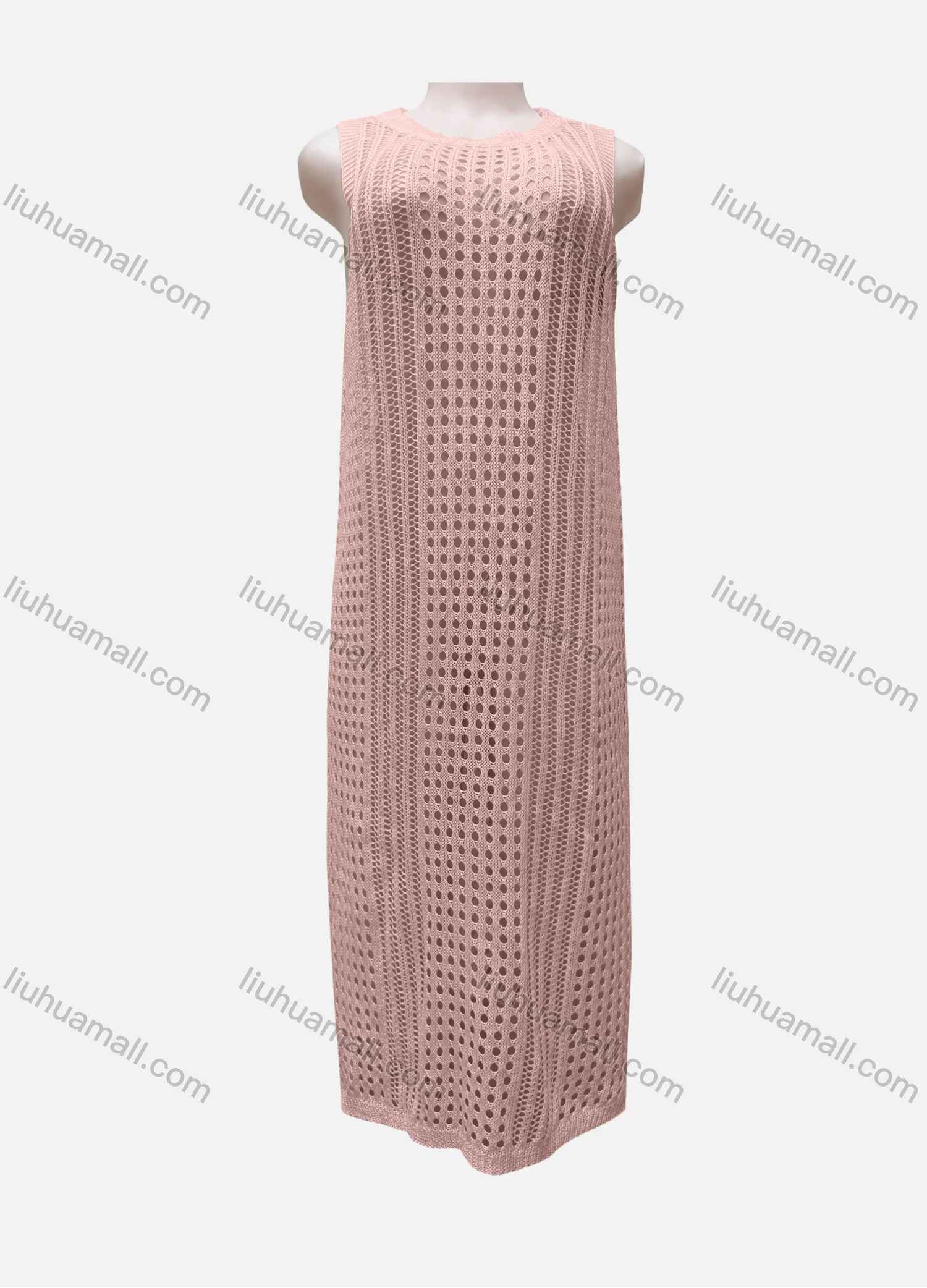 Wholesale Women's Vacation Round Neck Sleeveless Plain Semi-Sheer Knit Cover Up Dress - Liuhuamall