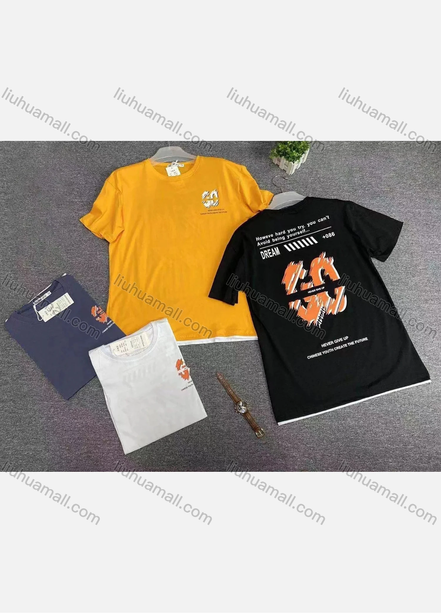 Wholesale Men's Plus Size Round Neck Short Sleeve Contrast Letter Print T-Shirt 2191# - Liuhuamall