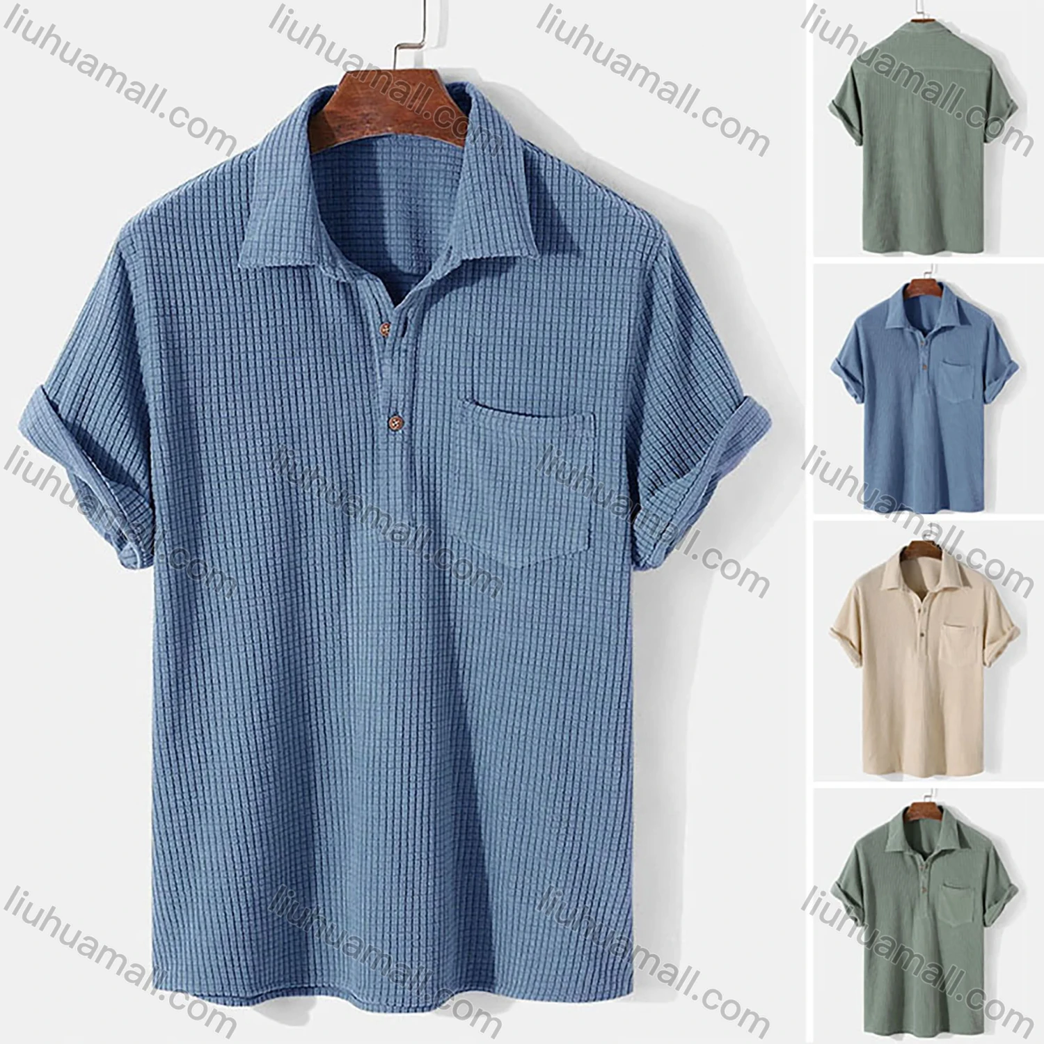 Wholesale Men's Casual Plain Plaid Texture Short Sleeve Patch Pocket Polo Shirt - Liuhuamall