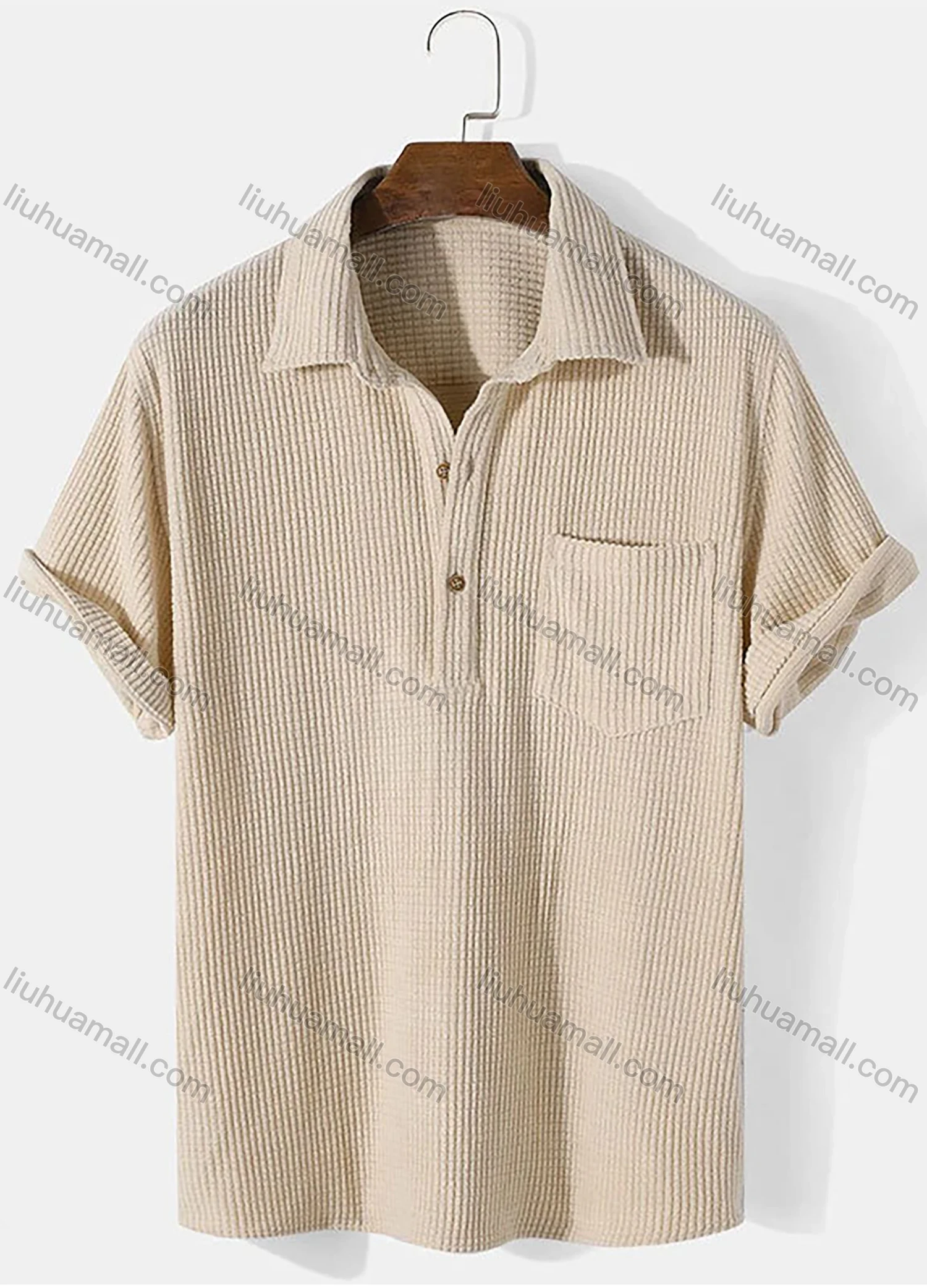 Wholesale Men's Casual Plain Plaid Texture Short Sleeve Patch Pocket Polo Shirt - Liuhuamall