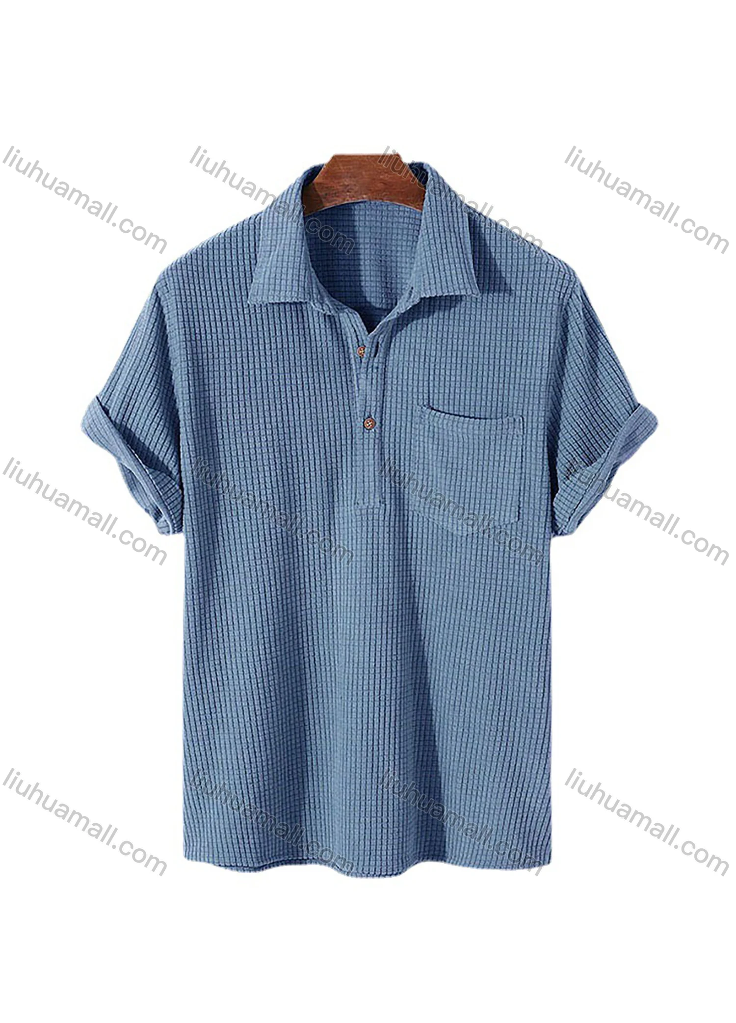 Wholesale Men's Casual Plain Plaid Texture Short Sleeve Patch Pocket Polo Shirt - Liuhuamall