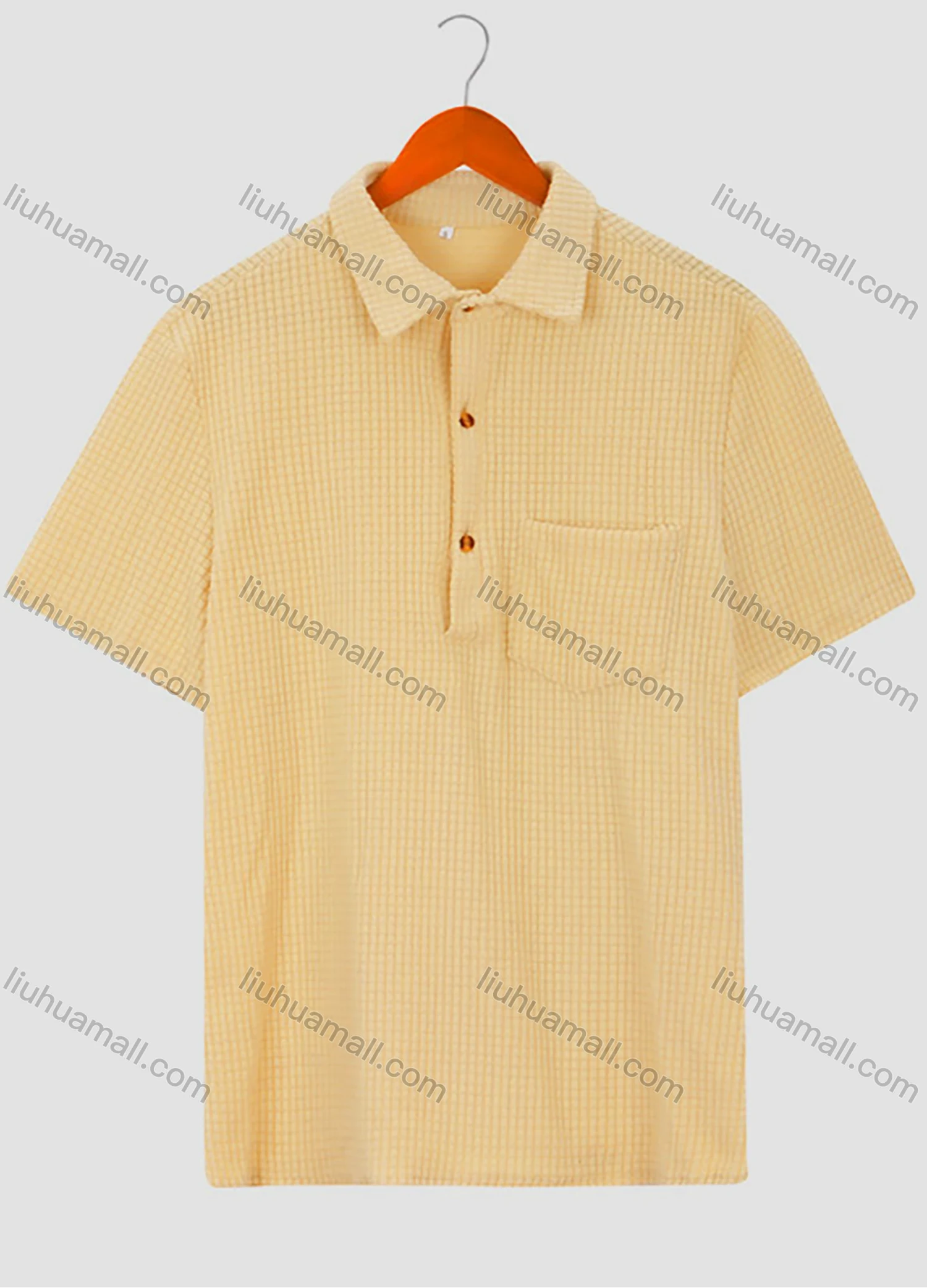 Wholesale Men's Casual Plain Plaid Texture Short Sleeve Patch Pocket Polo Shirt - Liuhuamall