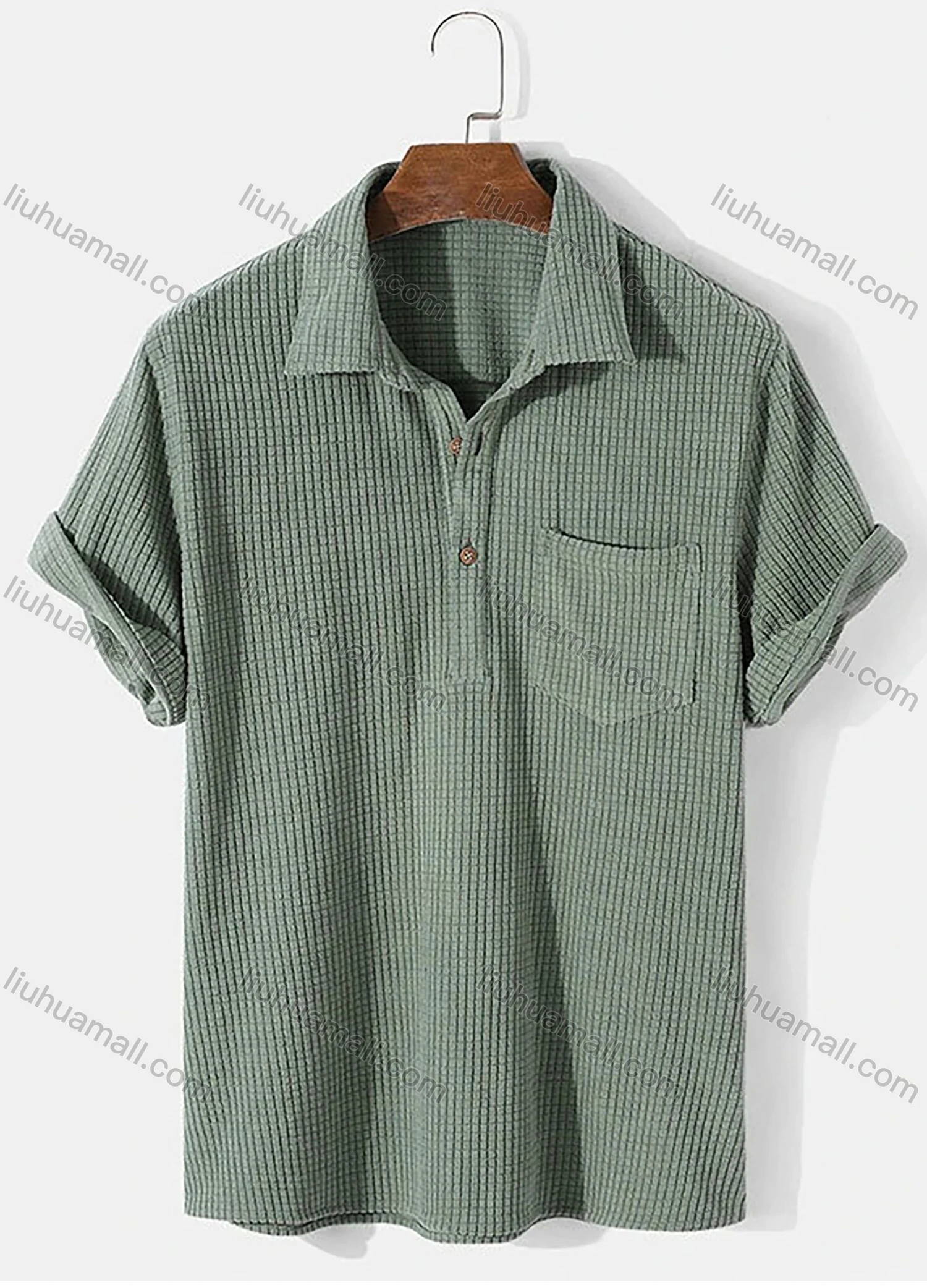 Wholesale Men's Casual Plain Plaid Texture Short Sleeve Patch Pocket Polo Shirt - Liuhuamall