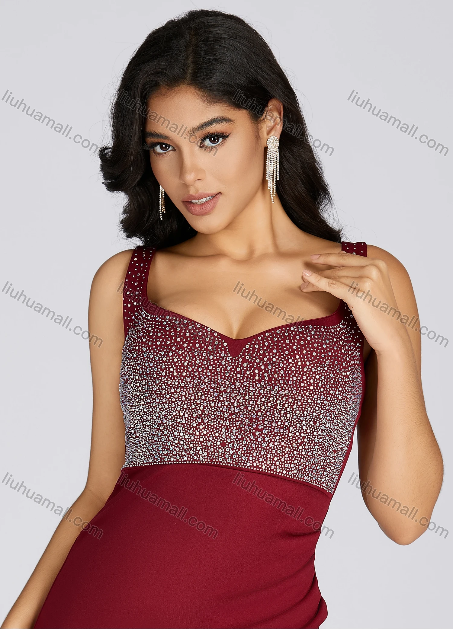 Wholesale Women's Glamorous V Neck Split Thigh Rhinestone Maxi Evening Dress 230702# - Liuhuamall