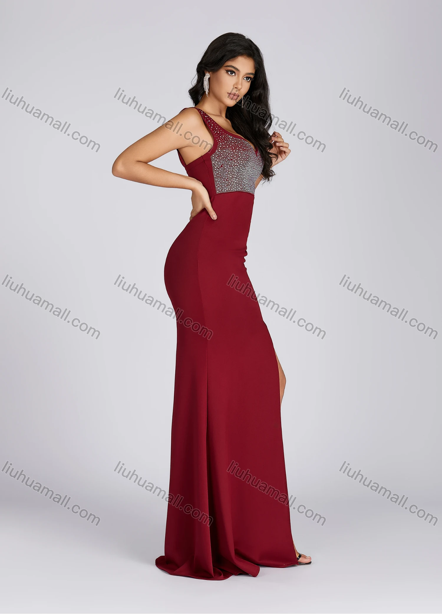 Wholesale Women's Glamorous V Neck Split Thigh Rhinestone Maxi Evening Dress 230702# - Liuhuamall