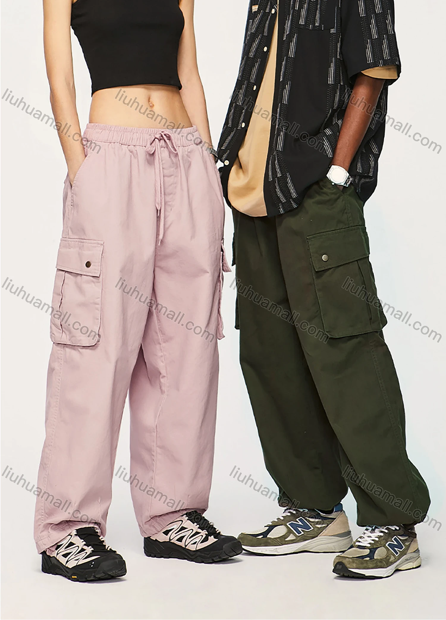 Wholesale Men's Casual 100%Cotton Plain Flap Pockets Drawstring Unisex Cargo Pants - Liuhuamall