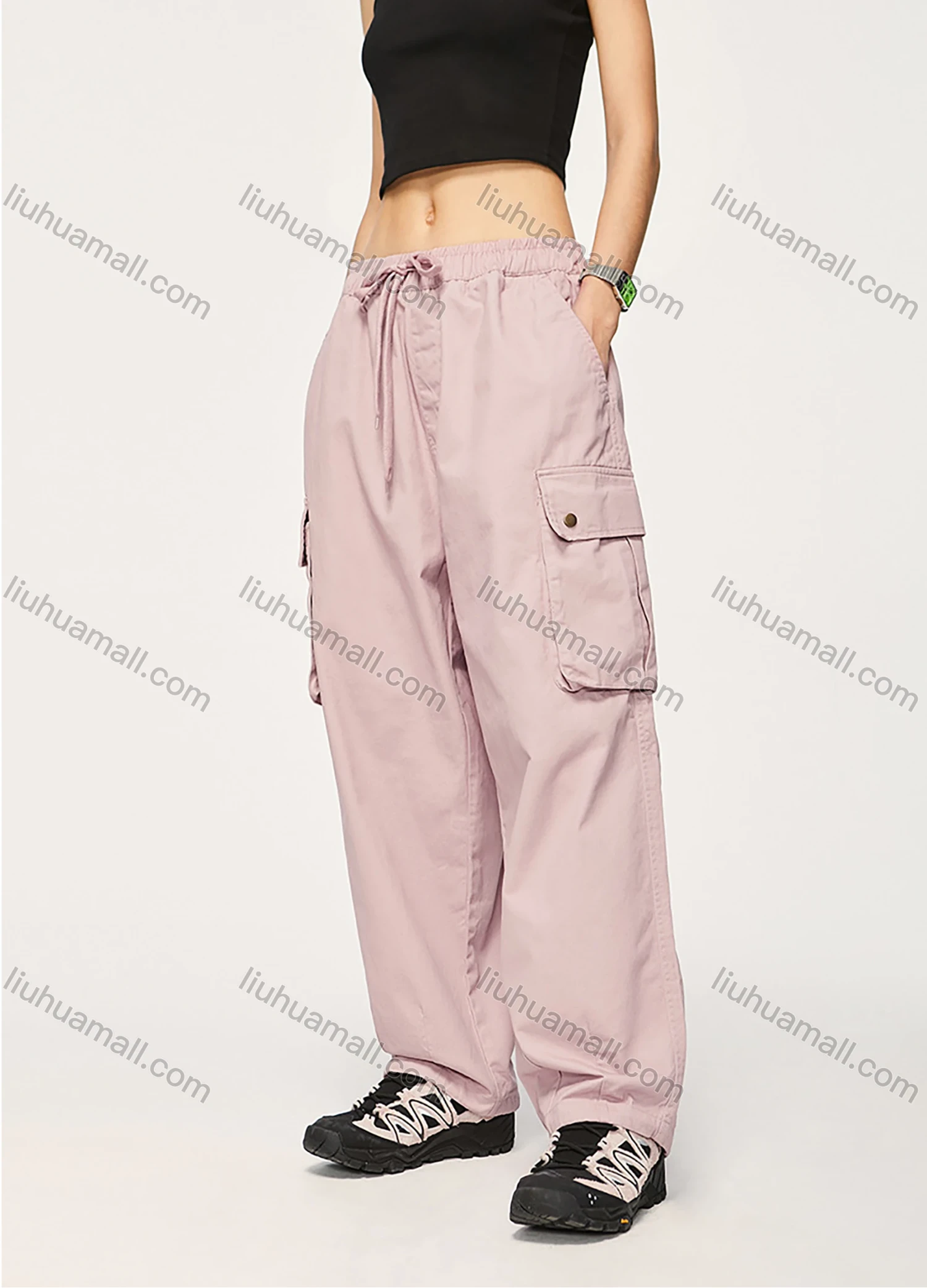 Wholesale Men's Casual 100%Cotton Plain Flap Pockets Drawstring Unisex Cargo Pants - Liuhuamall