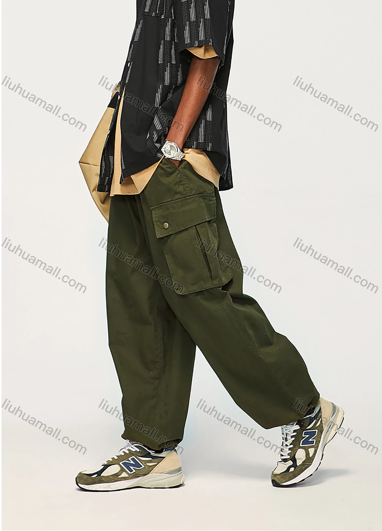 Wholesale Men's Casual 100%Cotton Plain Flap Pockets Drawstring Unisex Cargo Pants - Liuhuamall