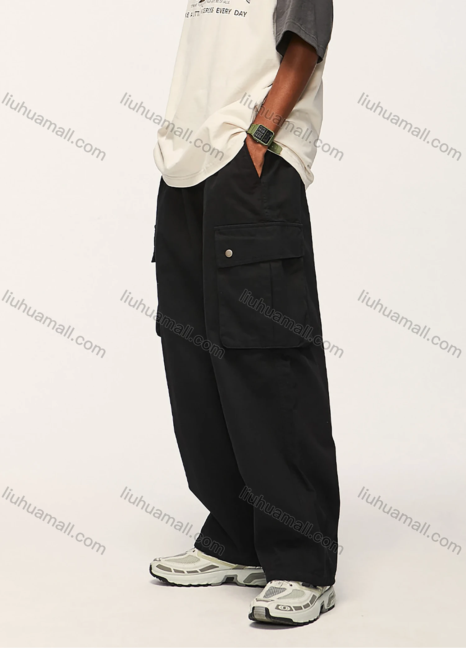 Wholesale Men's Casual 100%Cotton Plain Flap Pockets Drawstring Unisex Cargo Pants - Liuhuamall
