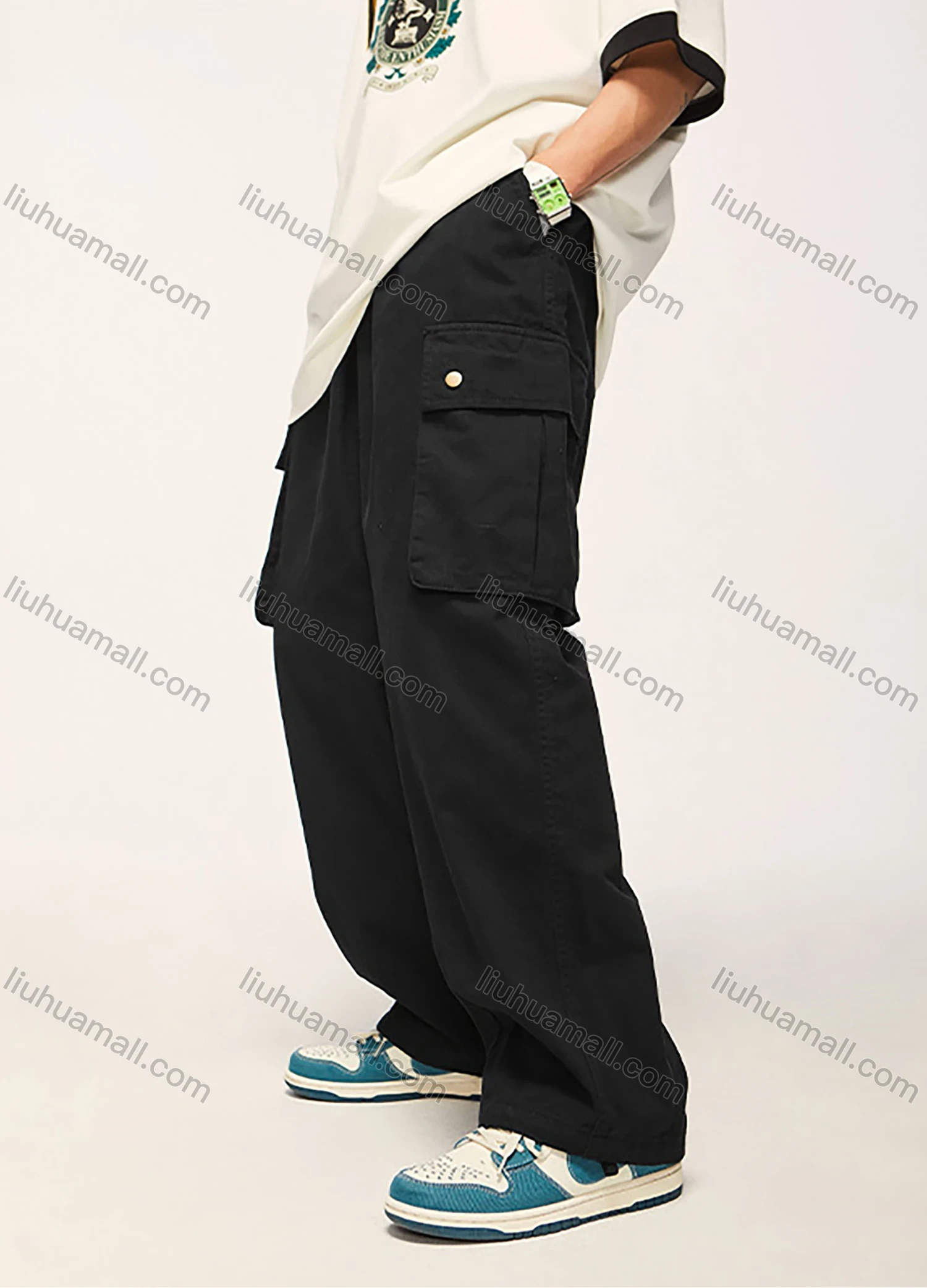 Wholesale Men's Casual 100%Cotton Plain Flap Pockets Drawstring Unisex Cargo Pants - Liuhuamall