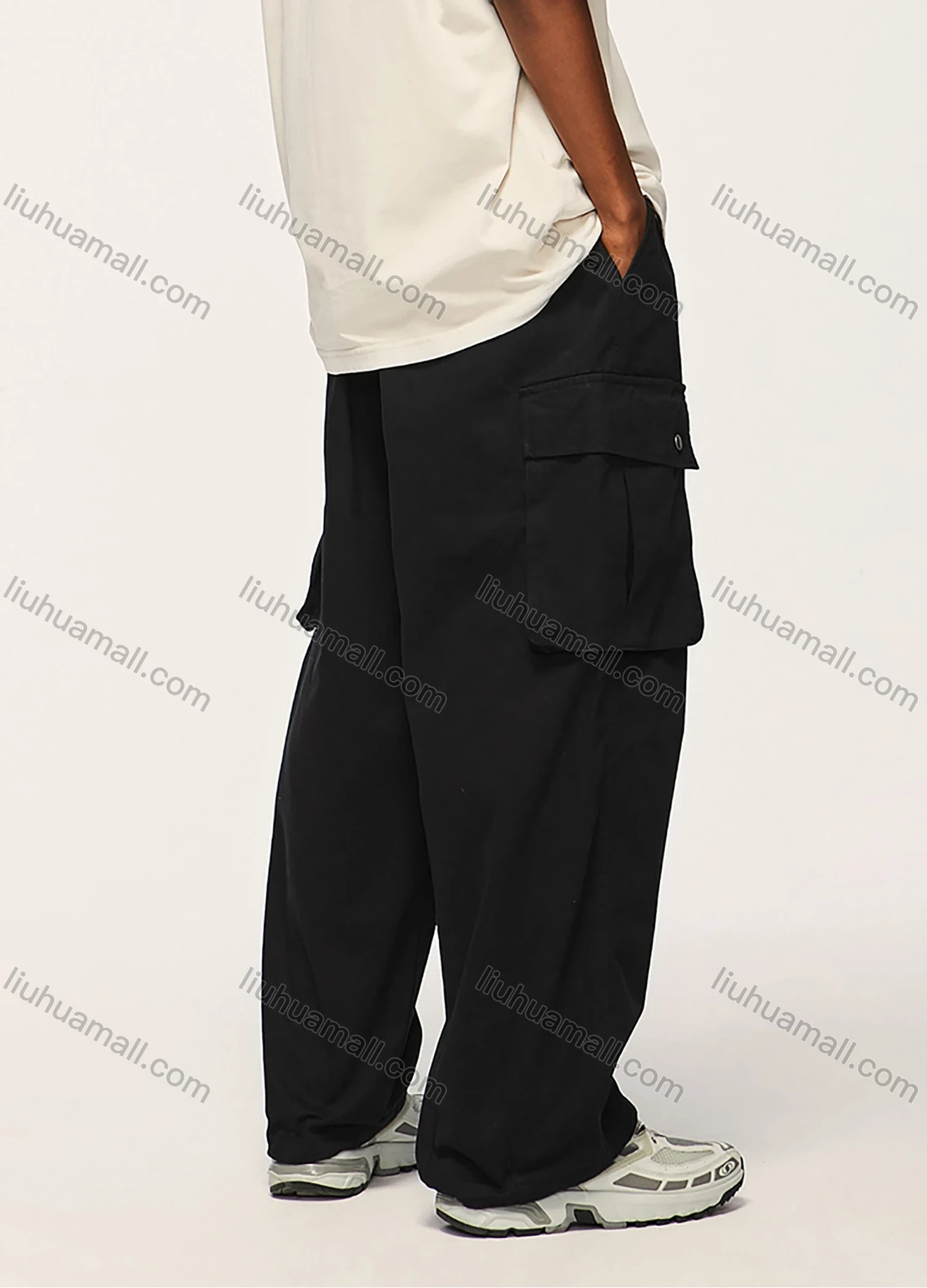 Wholesale Men's Casual 100%Cotton Plain Flap Pockets Drawstring Unisex Cargo Pants - Liuhuamall