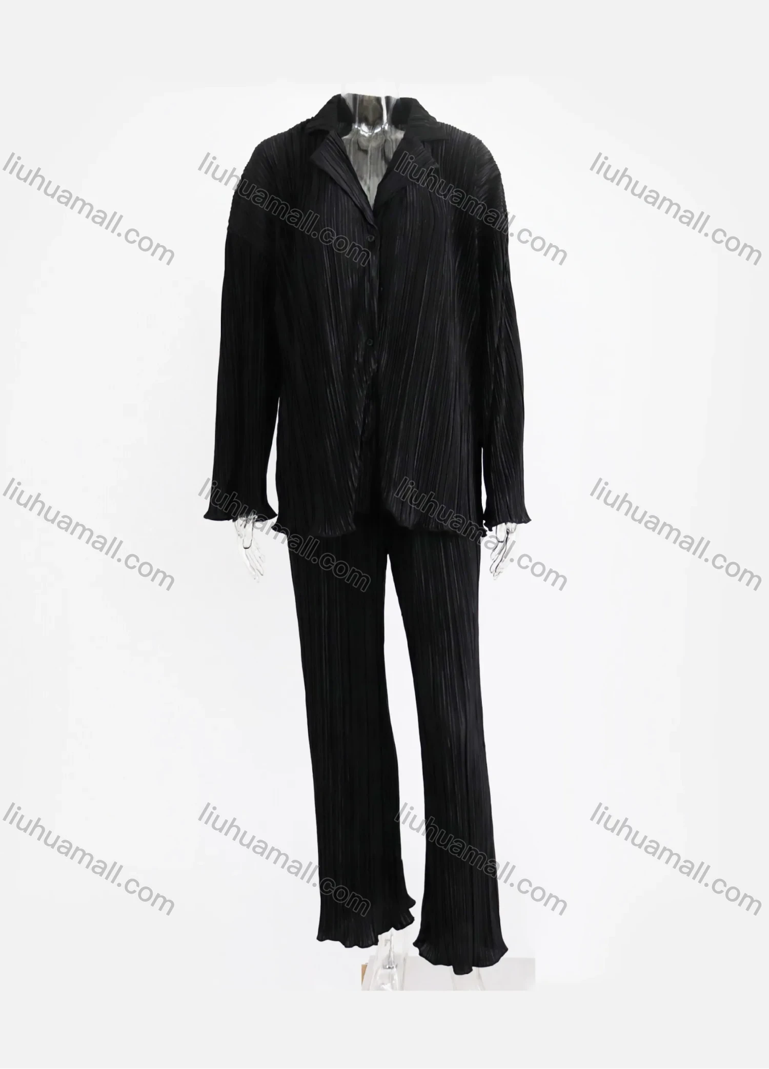 Wholesale Women's Fashion Pleated Long Sleeve Loose Fit Shirt 2 Piece Set - Liuhuamall