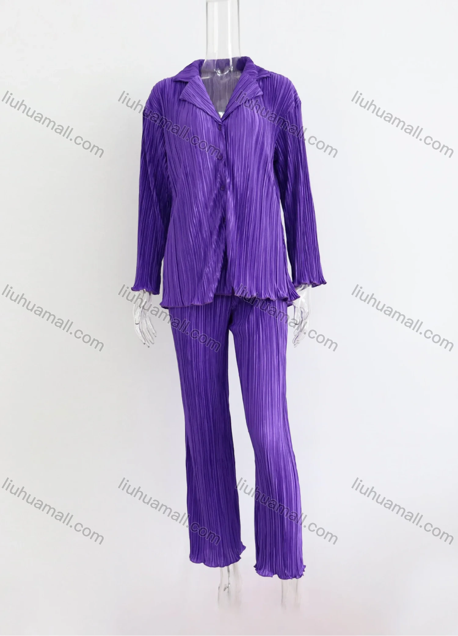 Wholesale Women's Fashion Pleated Long Sleeve Loose Fit Shirt 2 Piece Set - Liuhuamall